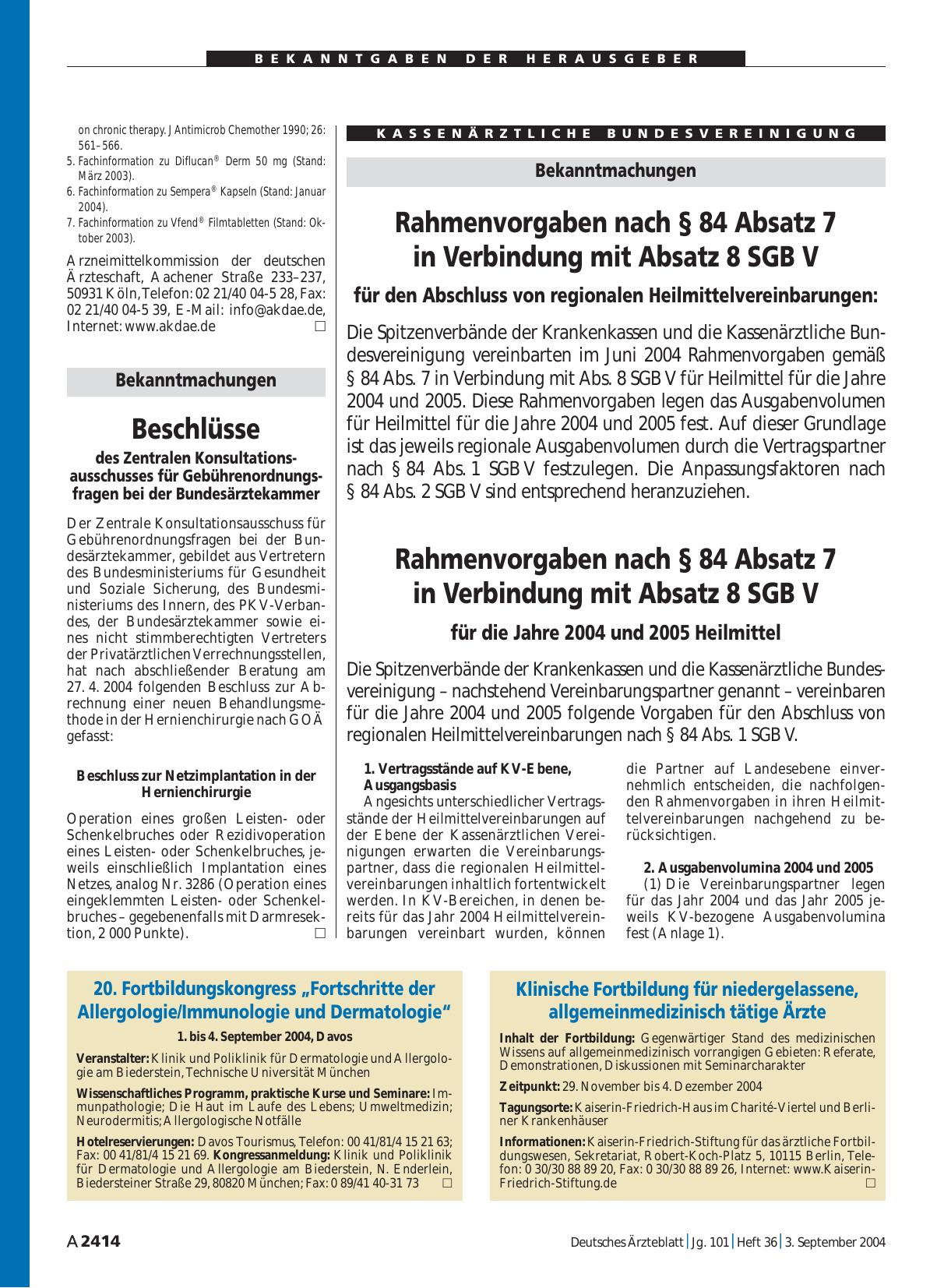 Vorschauseite 1: Bekanntmachungen: Rahmenvorgaben nach § 84 Absatz 7 in Verbindung mit Absatz 8 SGB V