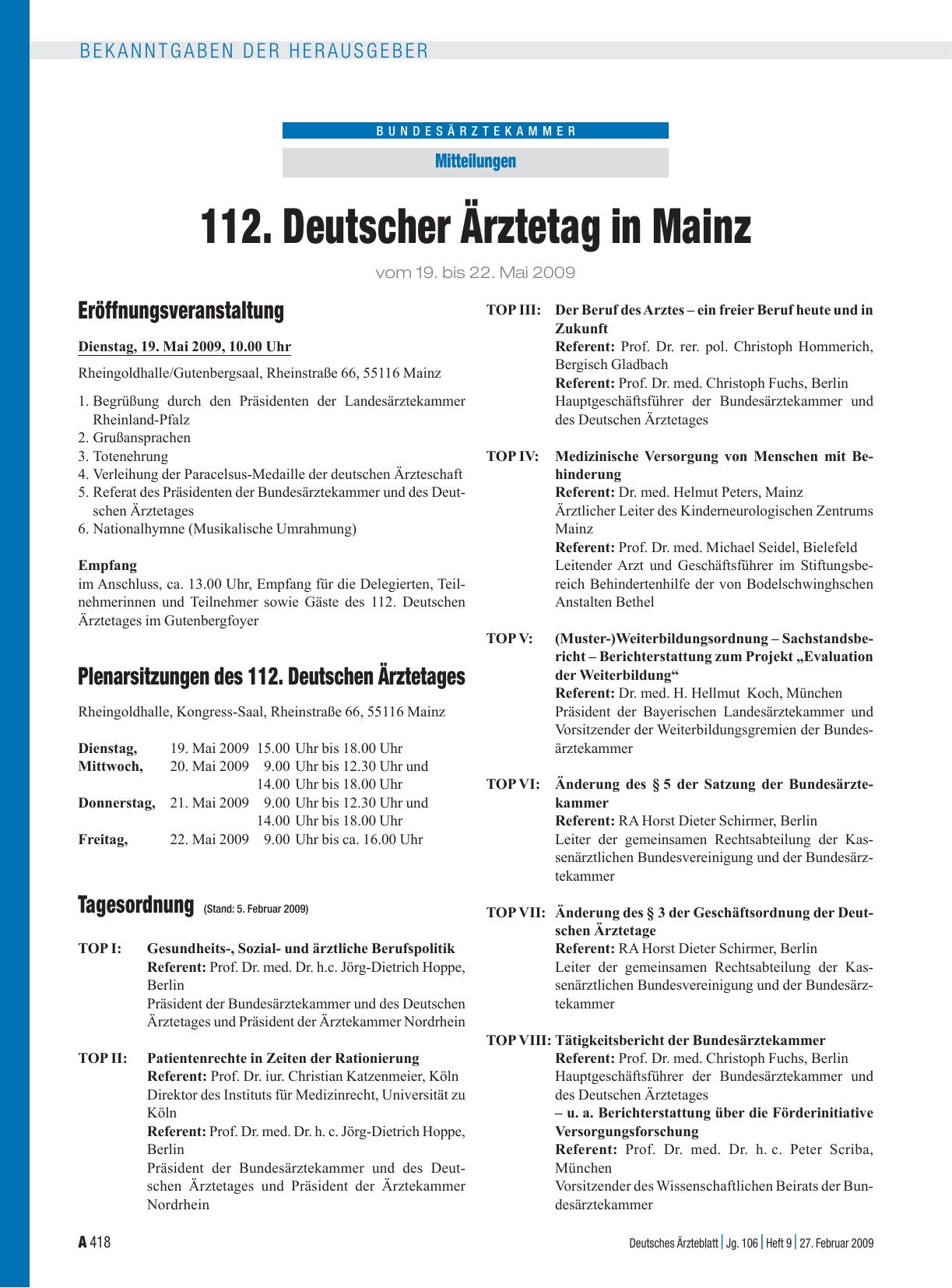 Vorschauseite 1: Mitteilungen: 112. Deutscher Ärztetag in Mainz vom 19. bis 22. Mai 2009