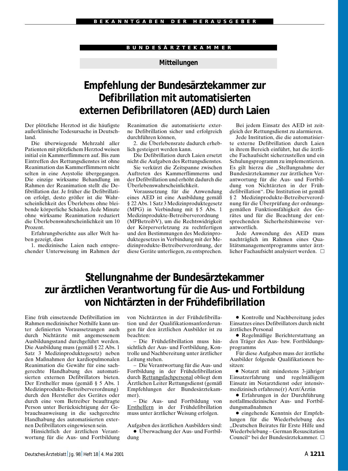 Vorschauseite 1: Stellungnahme der Bundesärztekammer zur ärztlichen Verantwortung für die Ausund Fortbildung von Nichtärzten in der Frühdefibrillation