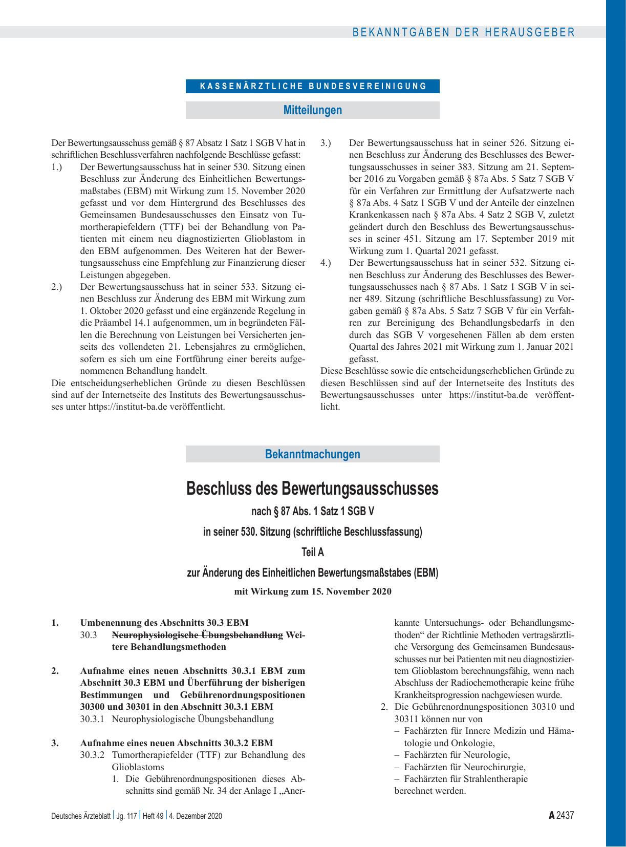 Vorschauseite 1: Beschluss des Bewertungsausschusses nach § 87 Abs. 1 Satz 1 SGB V in seiner 530. Sitzung (schriftliche Beschlussfassung) zur Änderung des Einheitlichen Bewertungsmaßstabes (EBM)