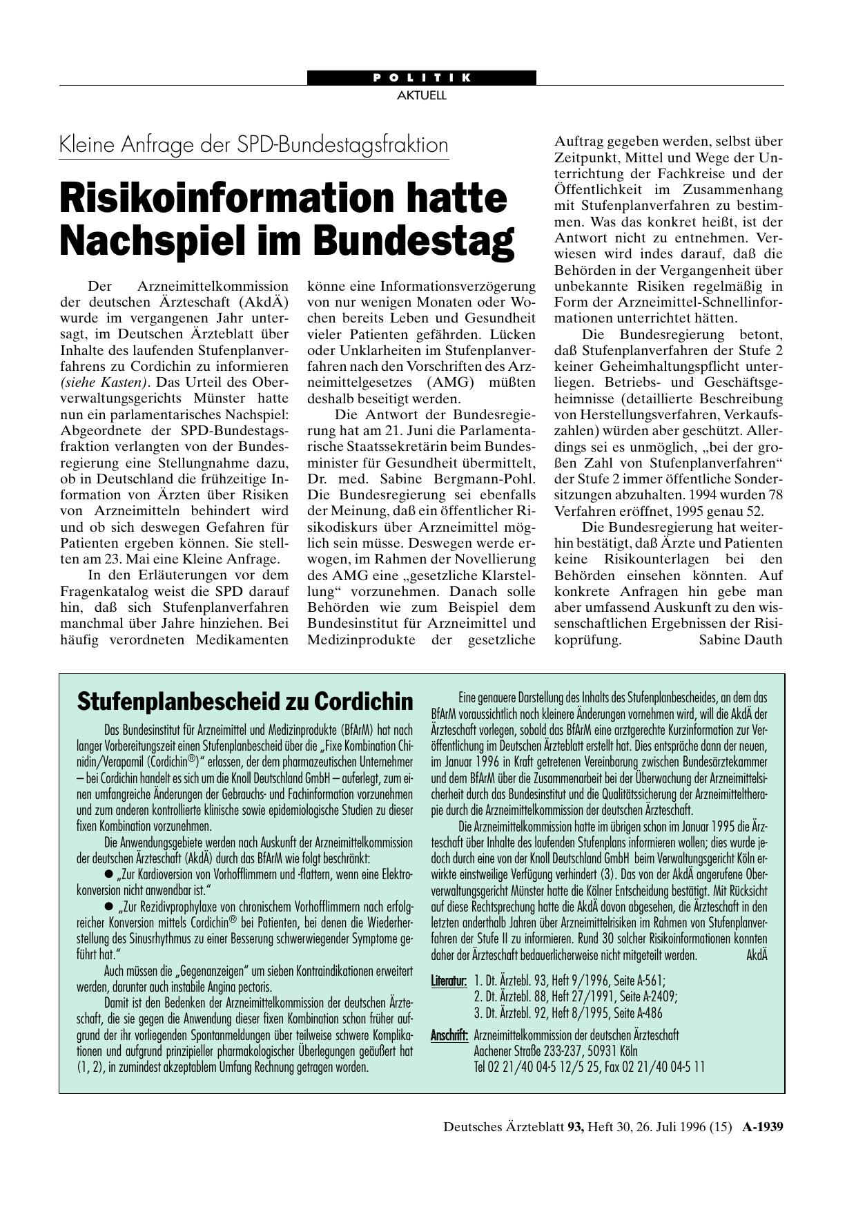 Vorschauseite 1: Kleine Anfrage der SPD-Bundestagsfraktion: Risikoinformation hatte Nachspiel im Bundestag