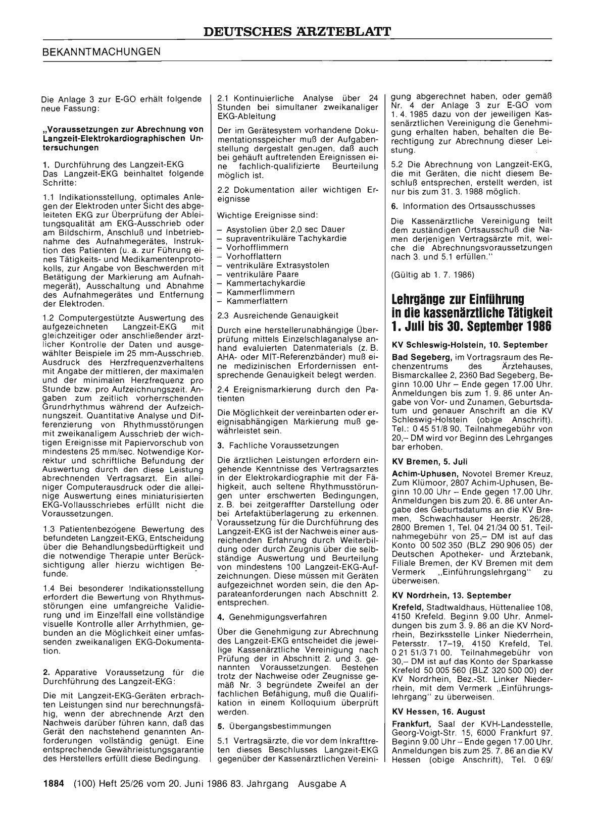 Vorschauseite 1: Lehrgänge zur Einführung in die kassenärztliche Tätigkeit 1. Juli bis 30. September 1986