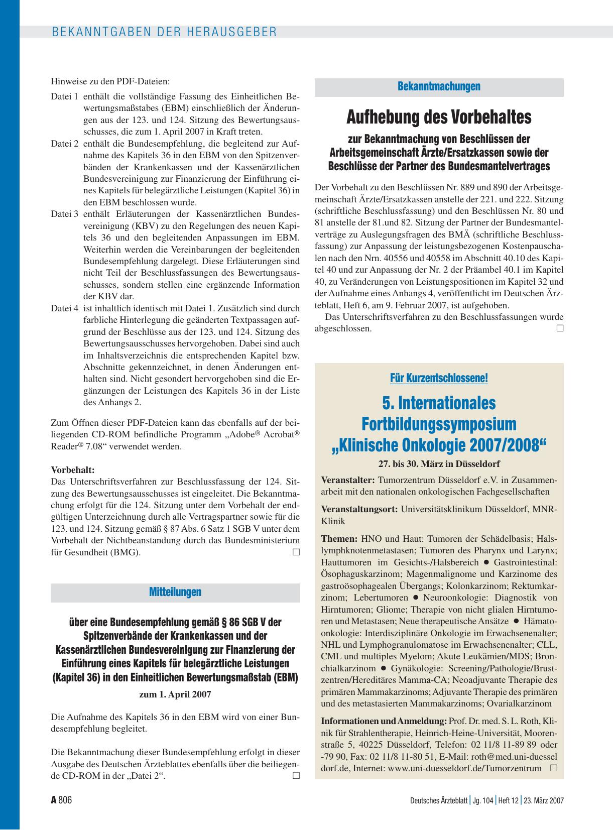 Vorschauseite 1: Mitteilungen: über eine Bundesempfehlung gemäß § 86 SGB V der Spitzenverbände der Krankenkassen und der Kassenärztlichen Bundesvereinigung zur Finanzierung der Einführung eines Ka…