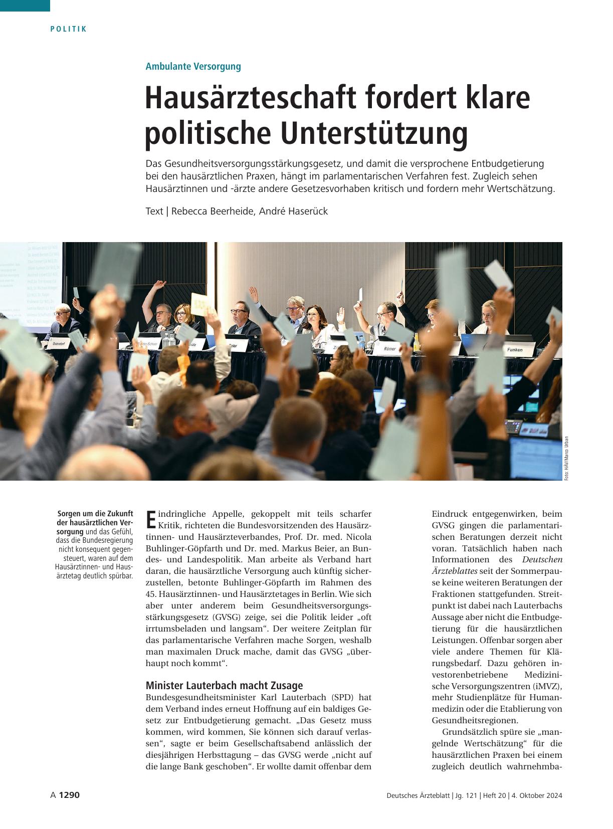 Vorschauseite 1: Ambulante Versorgung: Hausärzteschaft fordert klare politische Unterstützung