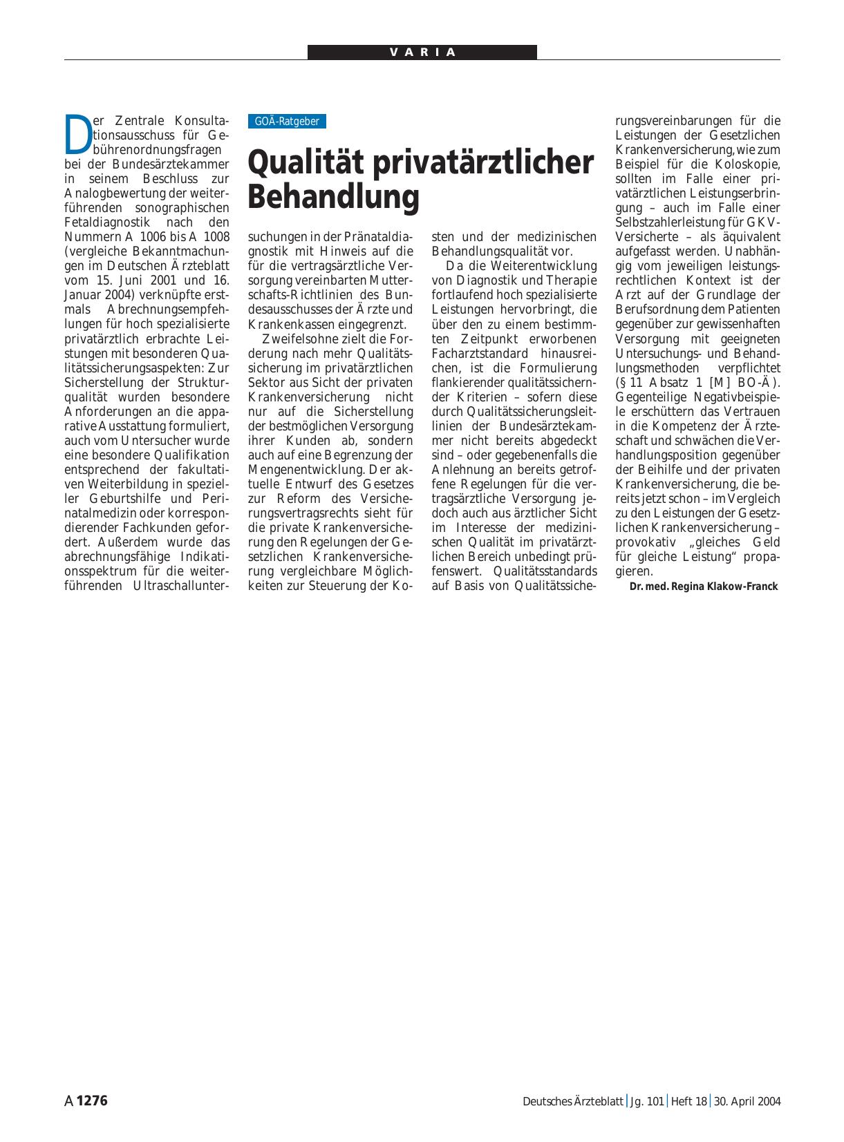 Vorschauseite 1: Qualität privatärztlicher Behandlung