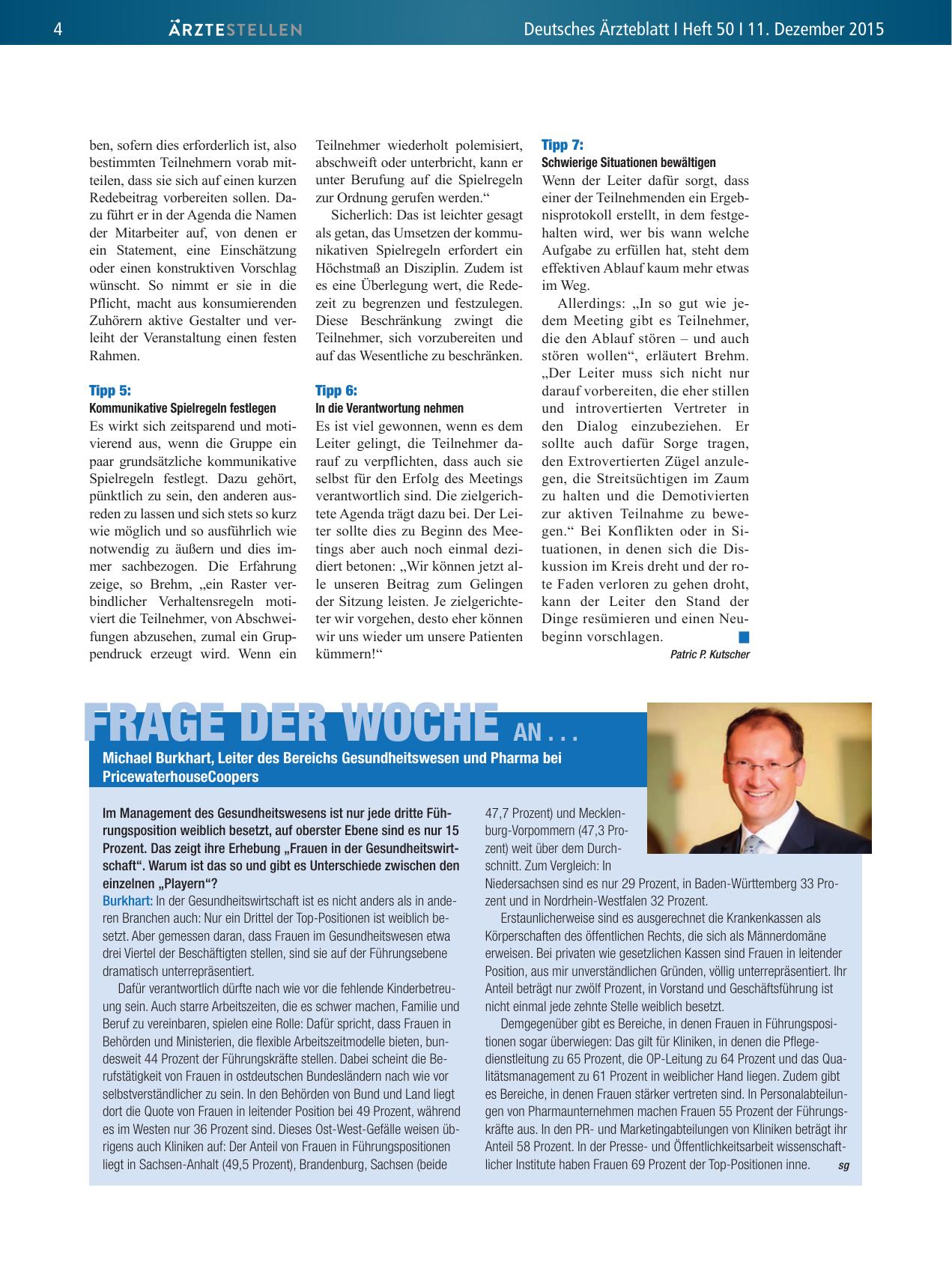 Vorschauseite 1: Frage der Woche an. .. Michael Burkhart, Leiter des Bereichs Gesundheitswesen und Pharma bei PricewaterhouseCoopers