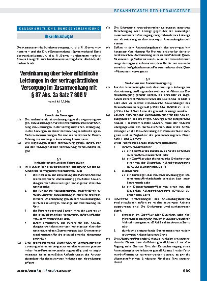 Vorschauseite 1: Vereinbarung über telemedizinische Leistungen in der vertragsärztlichen Versorgung im Zusammenhang mit § 87 Abs. 2a Satz 7 SGB V