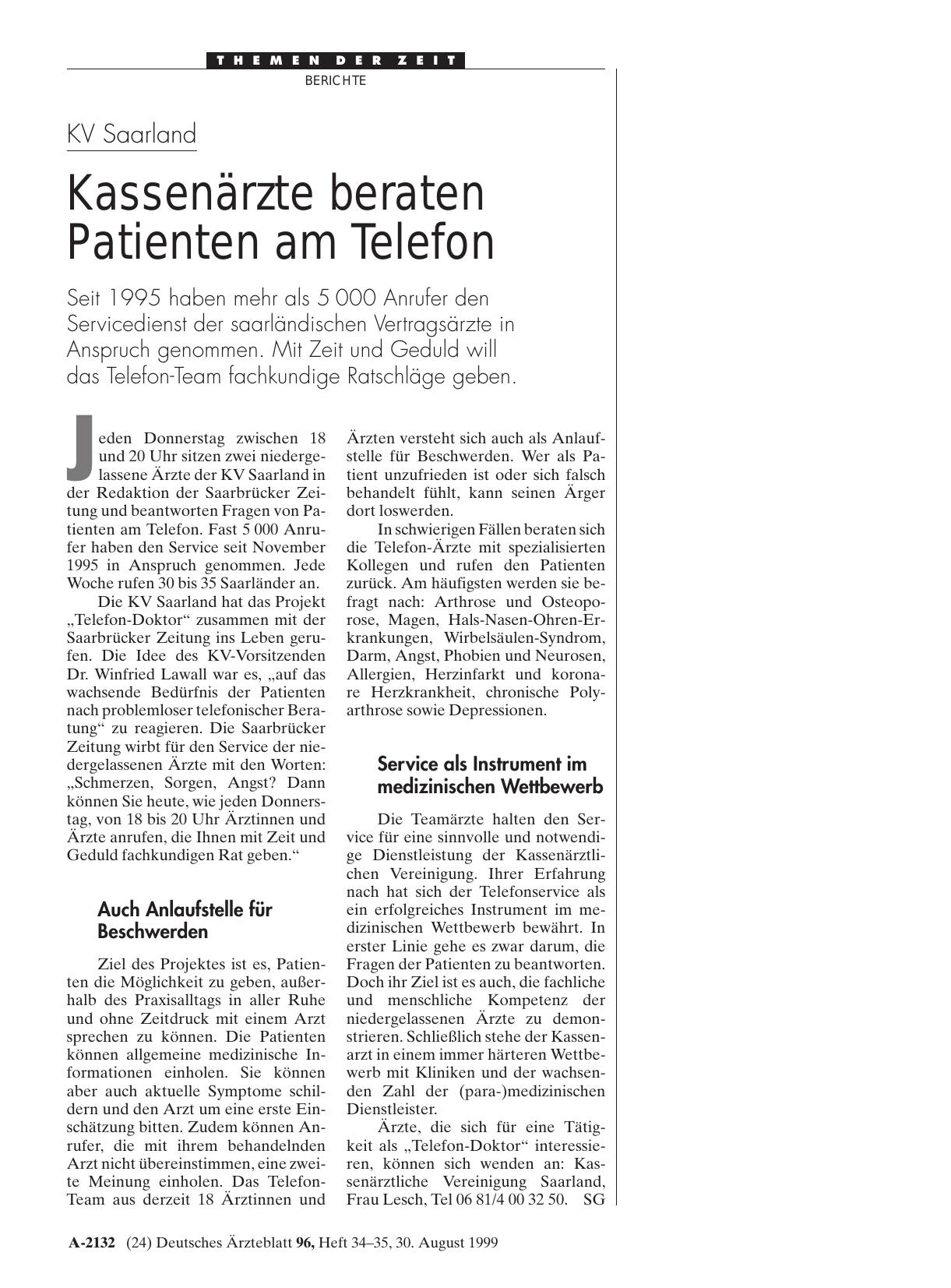 Vorschauseite 1: KV Saarland: Kassenärzte beraten Patienten am Telefon