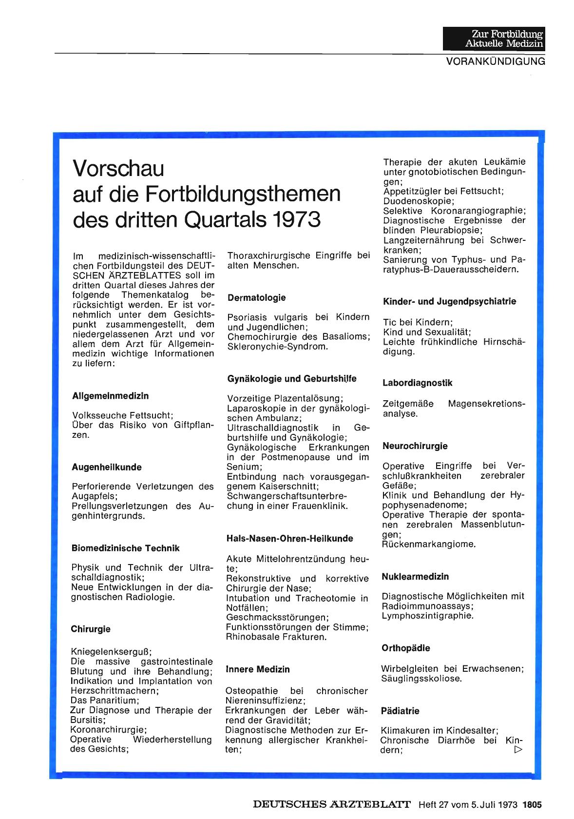 Vorschauseite 1: Vorschau auf die Fortbildungsthemen des dritten Quartals 1973