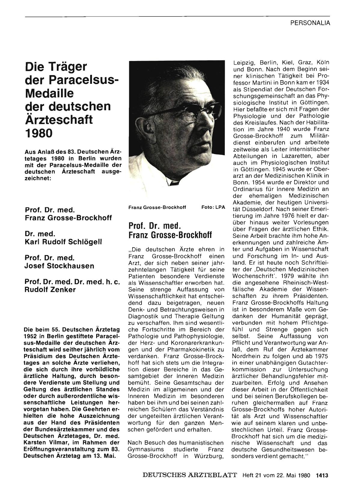Vorschauseite 1: Die Träger der Paracelsus-Medaille der deutschen Ärzteschaft 1980
