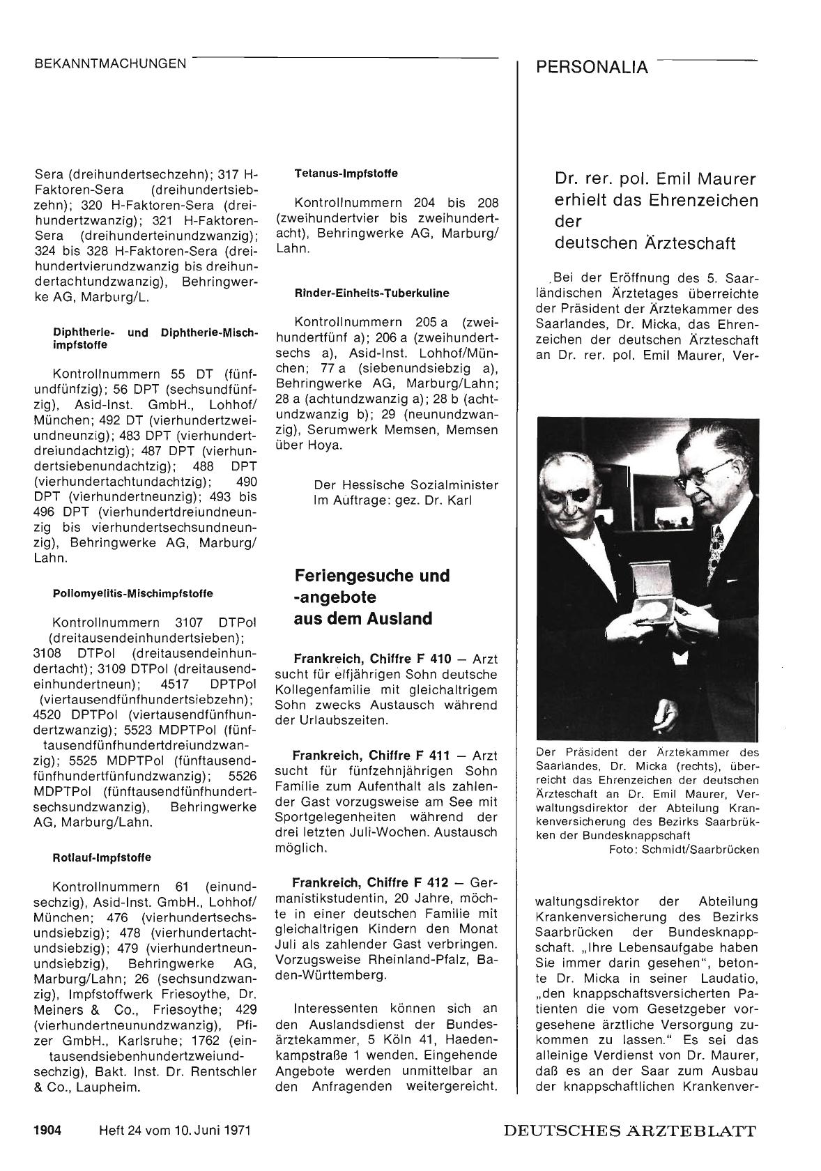 Vorschauseite 1: Dr. rer. pol. Emil Maurer erhielt das Ehrenzeichen der deutschen Ärzteschaft
