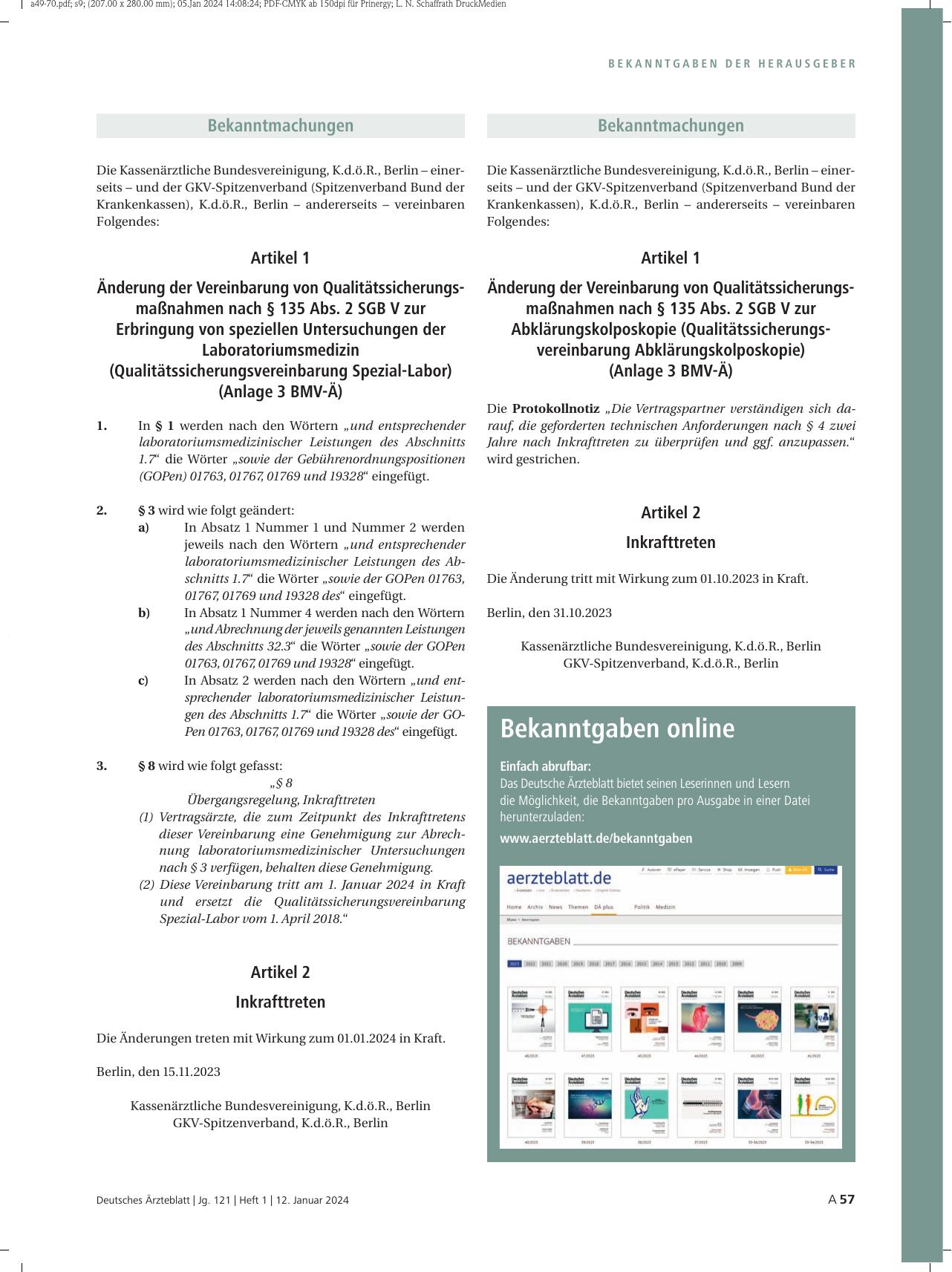Vorschauseite 1: Änderung der Vereinbarung von Qualitätssicherungsmaßnahmen nach § 135 Abs. 2 SGB V zur Abklärungskolposkopie (Qualitätssicherungsvereinbarung Abklärungskolposkopie) (Anlage 3 BMV-…