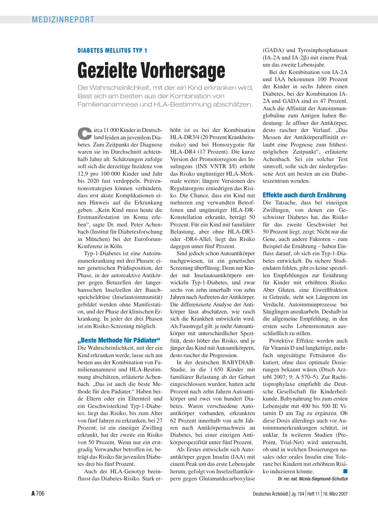 Vorschauseite 1: Diabetes mellitus Typ 1: Gezielte Vorhersage
