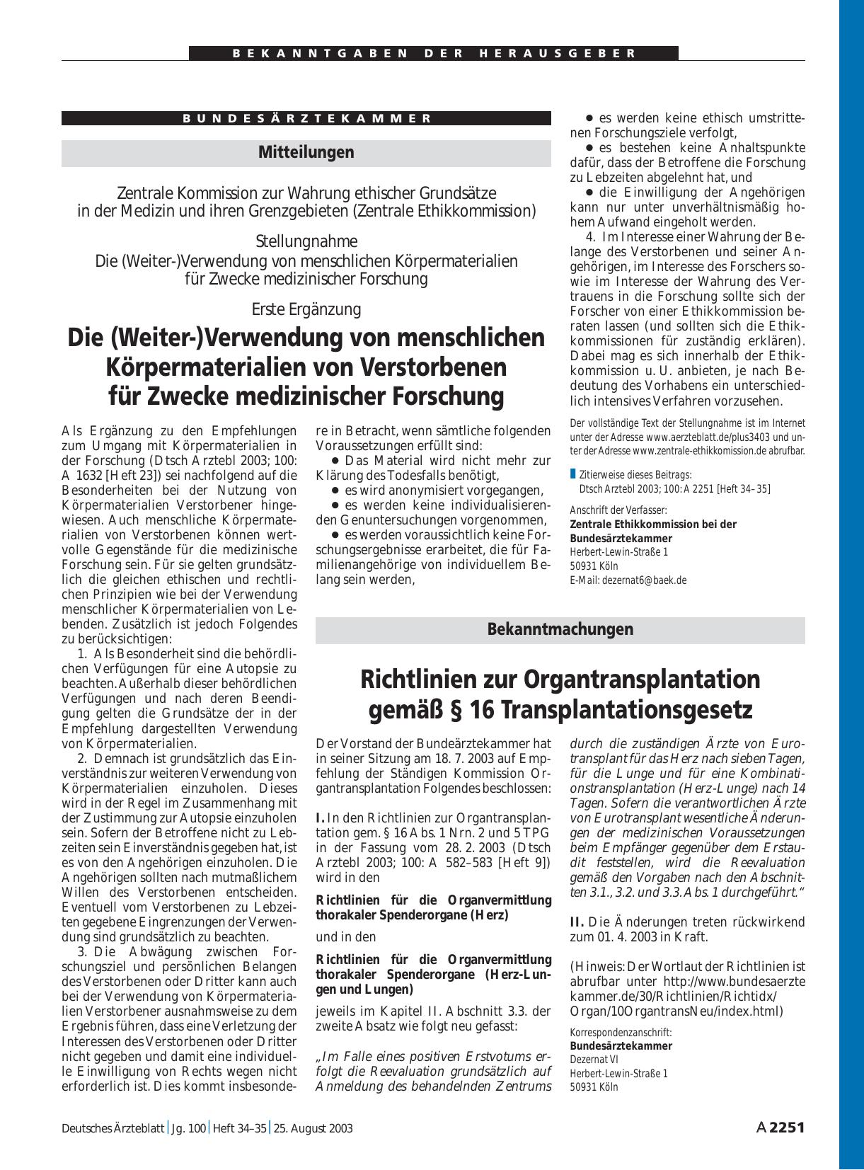 Vorschauseite 1: Mitteilungen: Die (Weiter-)Verwendung von menschlichen Körpermaterialien von Verstorbenen für Zwecke medizinischer Forschung