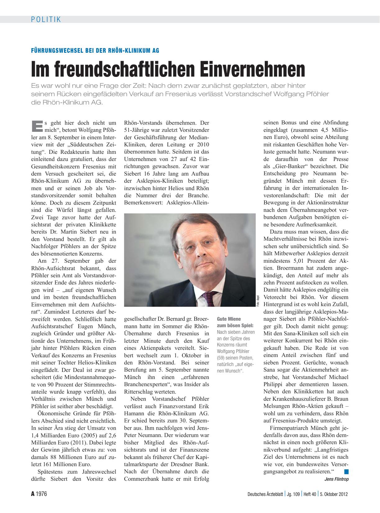 Vorschauseite 1: Führungswechsel bei der Rhön-Klinikum AG: Im freundschaftlichen Einvernehmen