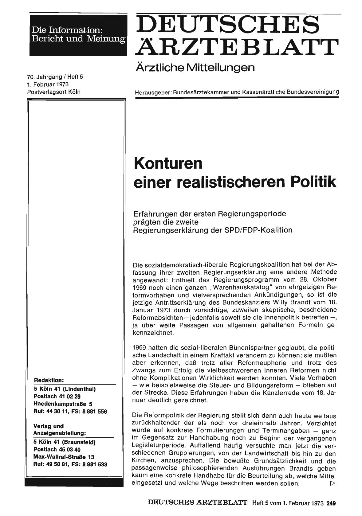 Vorschauseite 1: Konturen einer realistischeren Politik: Erfahrungen der ersten Regierungsperiode prägten die zweite Regierungserklärung der SPD/FDP-Koalition