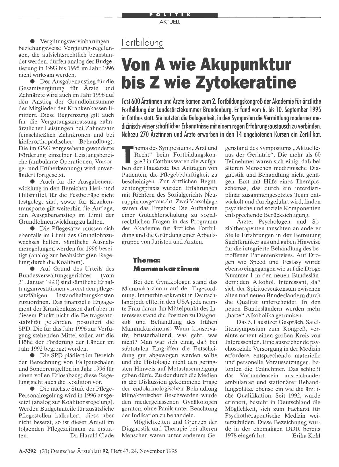 Vorschauseite 1: Fortbildung: Von A wie Akupunktur bis Z wie Zytokeratine
