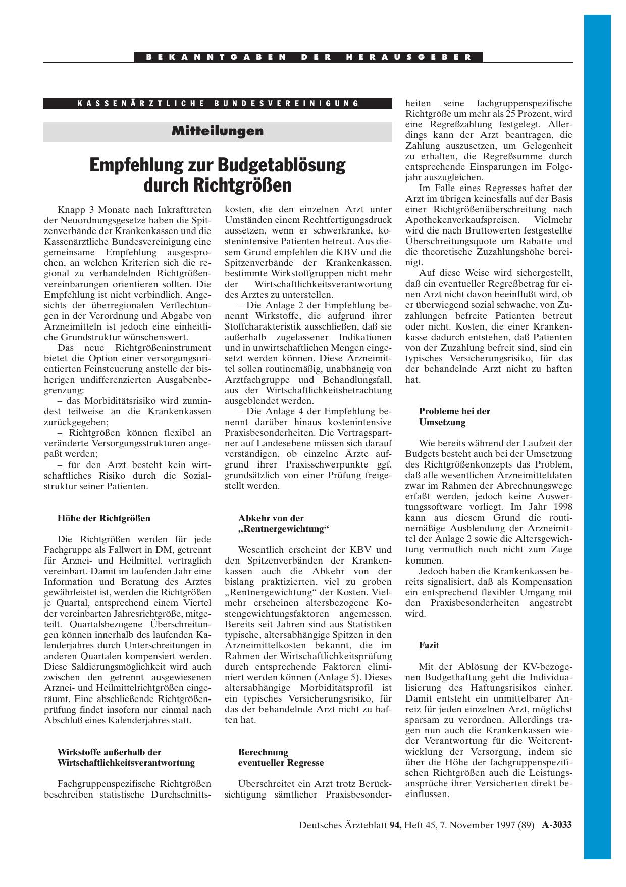 Vorschauseite 1: Mitteilungen: Empfehlung zur Budgetablösung durch Richtgrößen