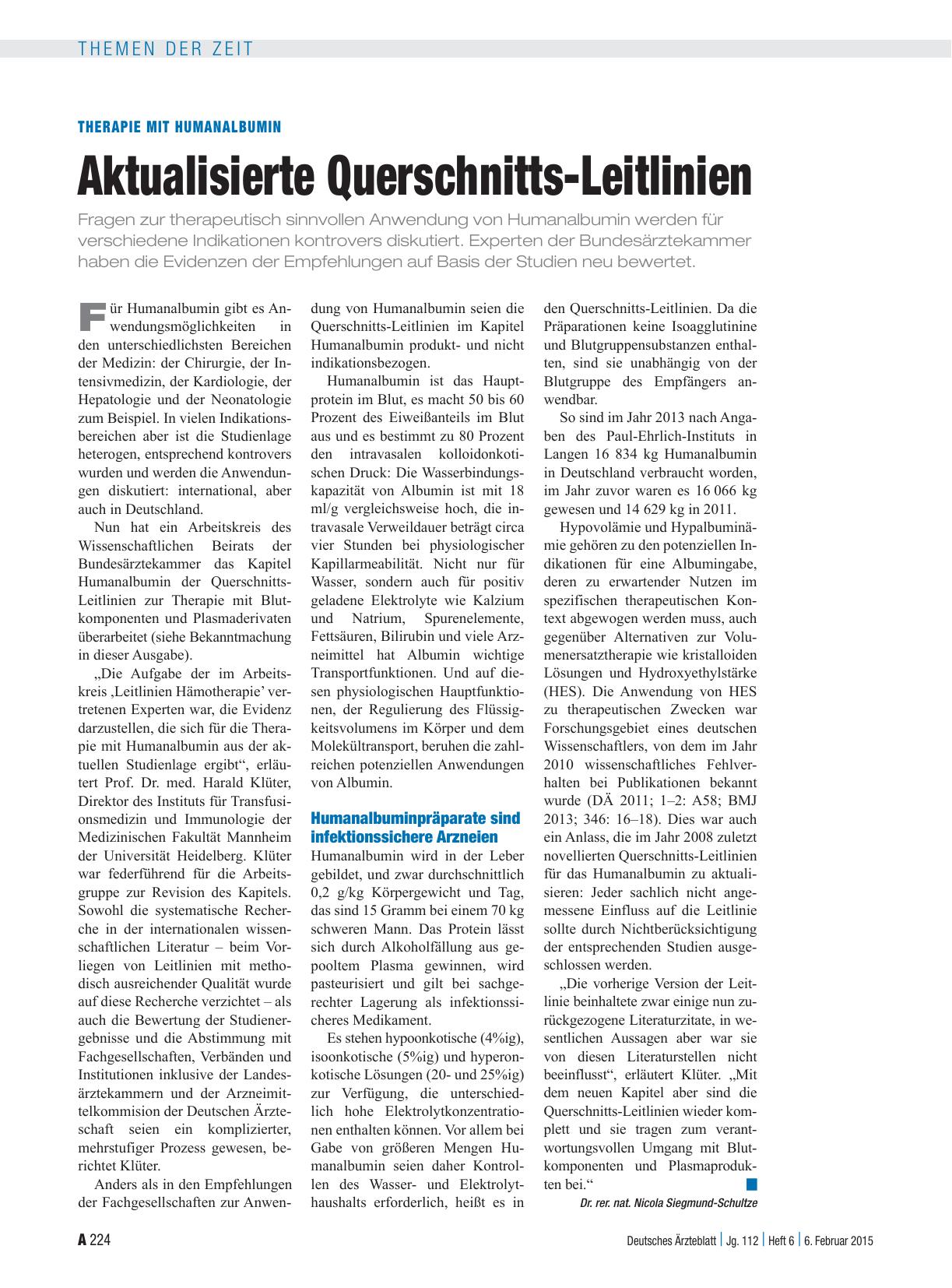 Vorschauseite 1: Therapie mit Humanalbumin: Aktualisierte Querschnitts-Leitlinien