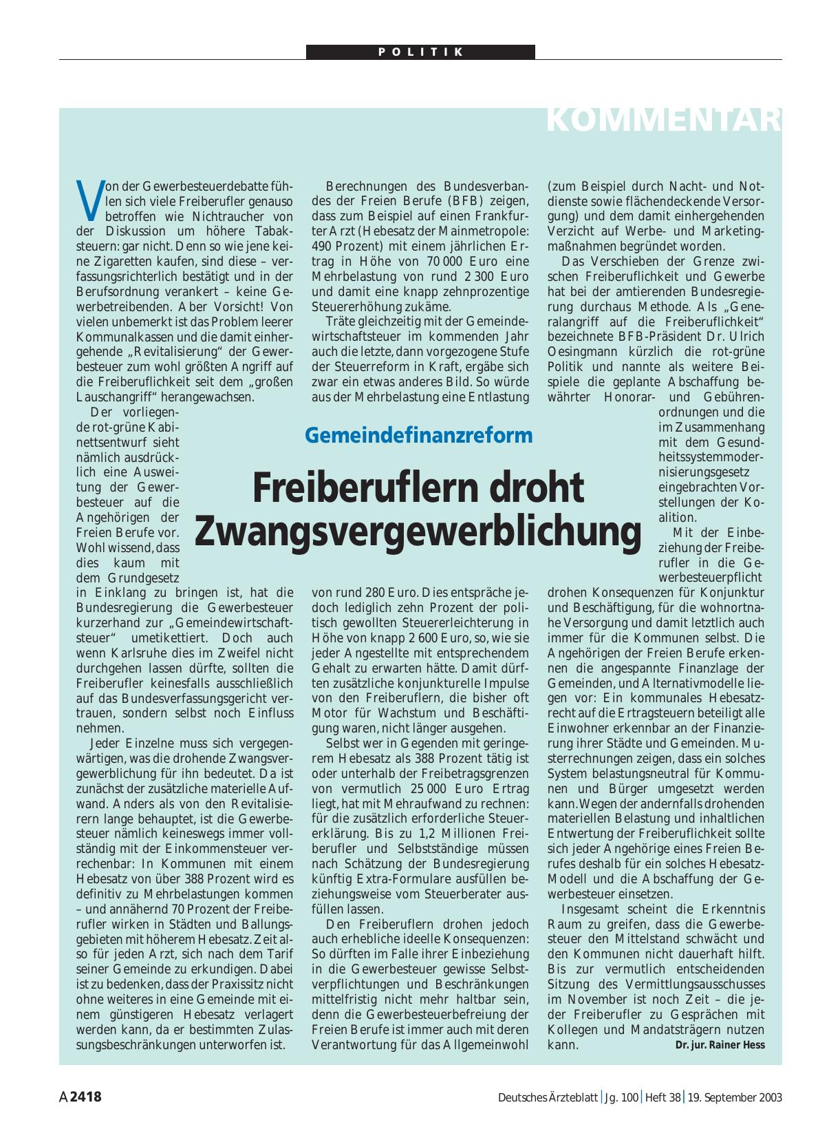 Vorschauseite 1: Gemeindefinanzreform: Freiberuflern droht Zwangsvergewerblichung