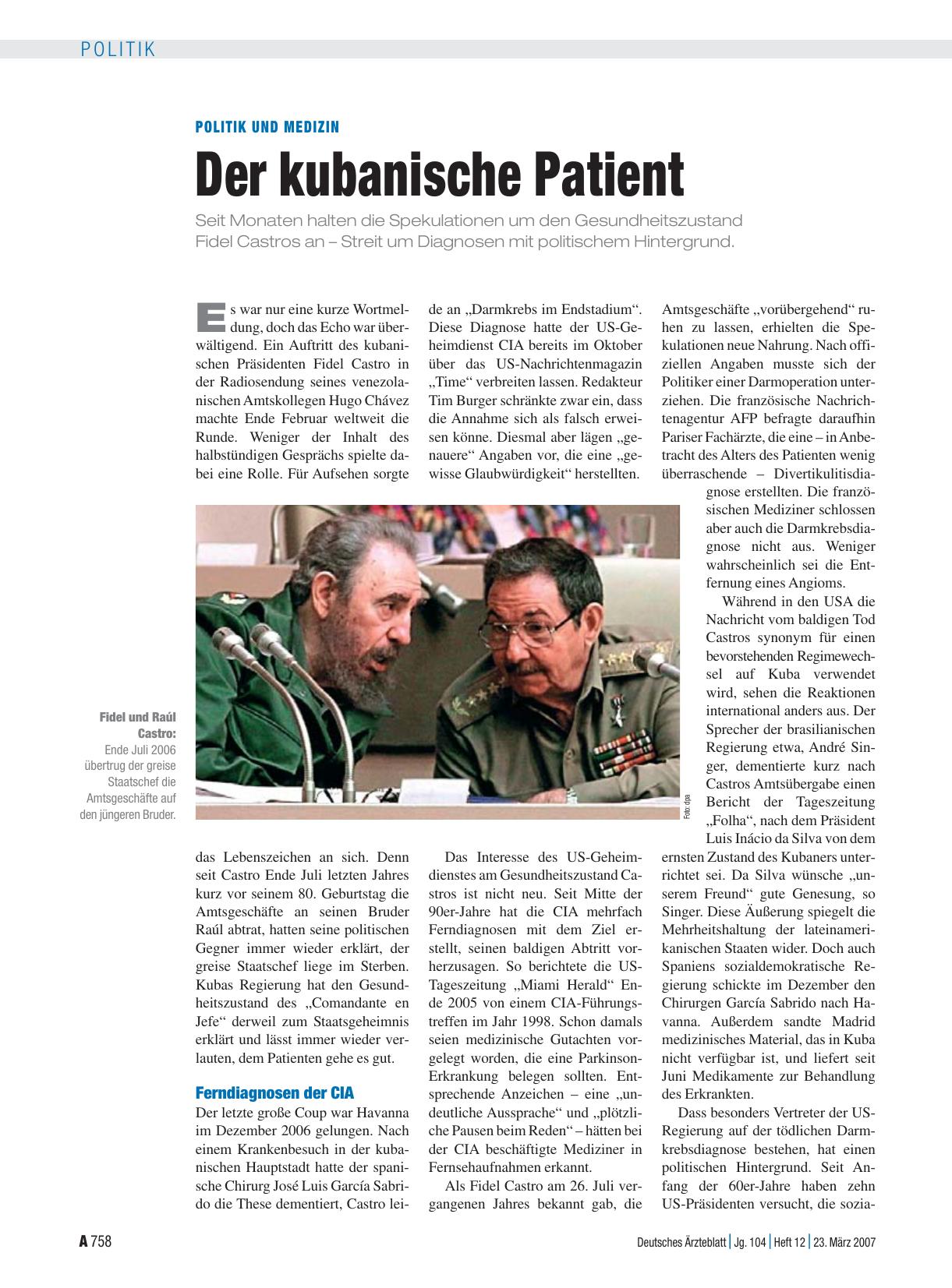 Vorschauseite 1: Politik und Medizin: Der kubanische Patient