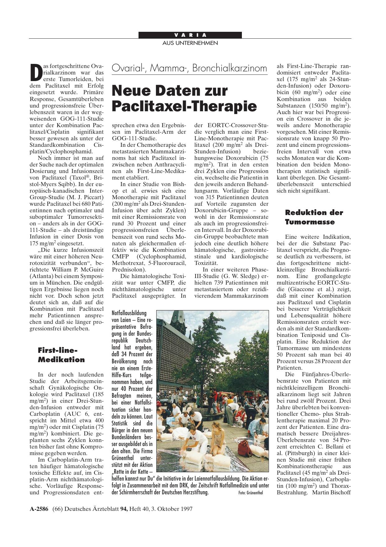 Vorschauseite 1: Ovarial-, Mamma-, Bronchialkarzinom: Neue Daten zur Paclitaxel-Therapie