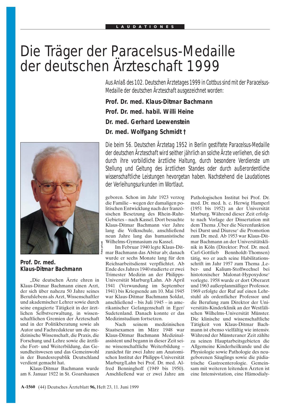 Vorschauseite 1: Die Träger der Paracelsus-Medaille der deutschen Ärzteschaft 1999