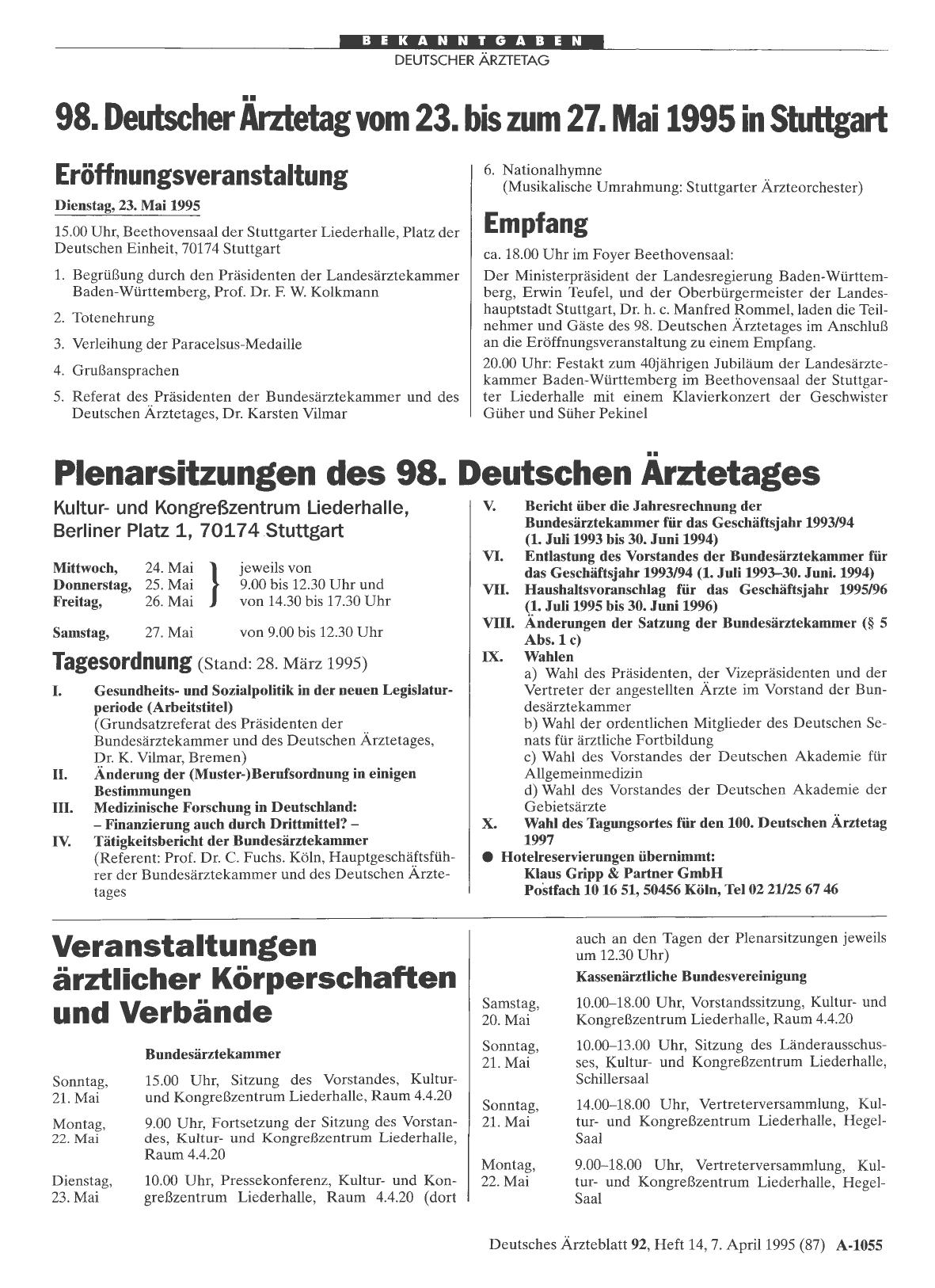 Vorschauseite 1: Plenarsitzungen des 98. Deutschen Ärztetages