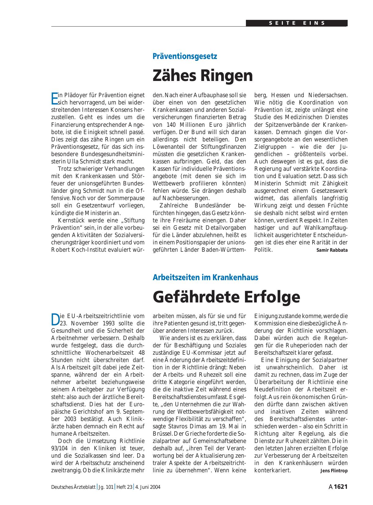Vorschauseite 1: Präventionsgesetz: Zähes Ringen