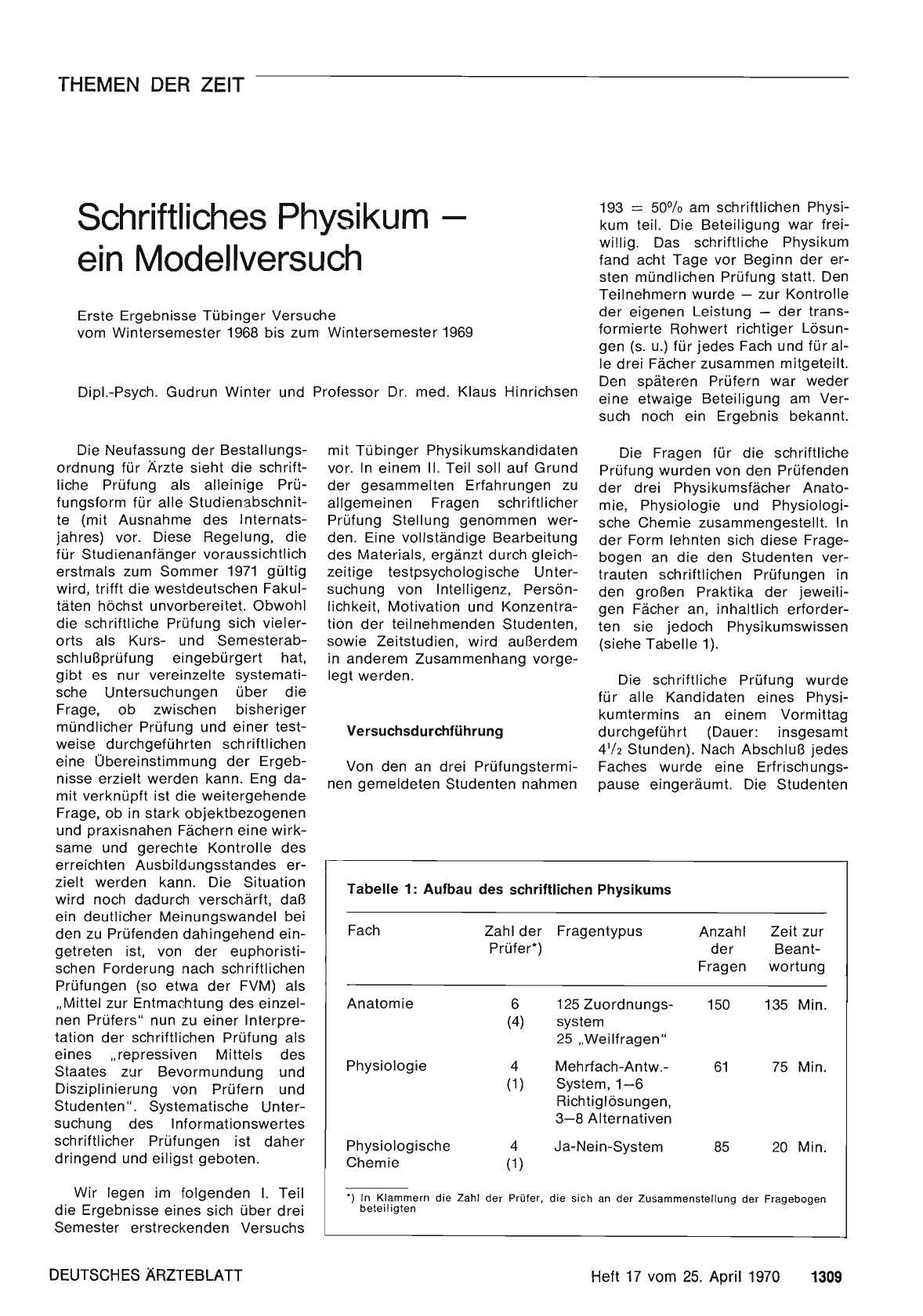Vorschauseite 1: Schriftliches Physikum — ein Modellversuch