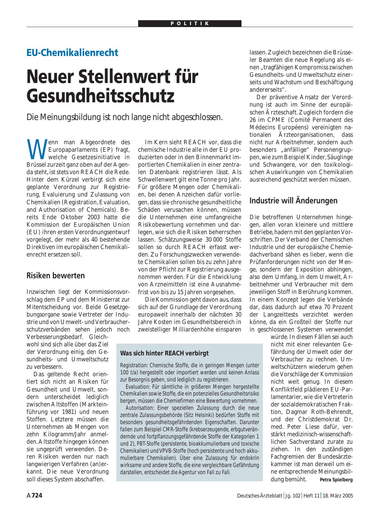 Vorschauseite 1: EU-Chemikalienrecht: Neuer Stellenwert für Gesundheitsschutz