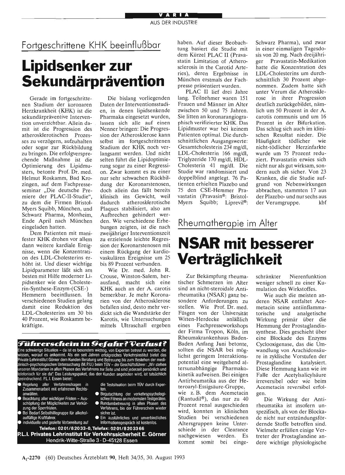 Vorschauseite 1: Fortgeschrittene KHK beeinflußbar: Lipidsenker zur Sekundärprävention