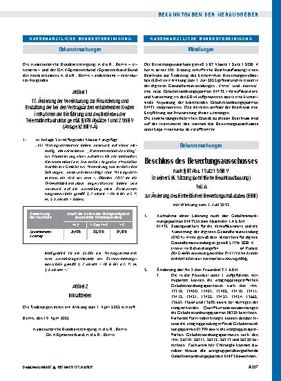 Vorschauseite 1: Beschluss des Bewertungsausschusses nach § 87 Abs. 1 Satz 1 SGB V in seiner 595. Sitzung (schriftliche Beschlussfassung)