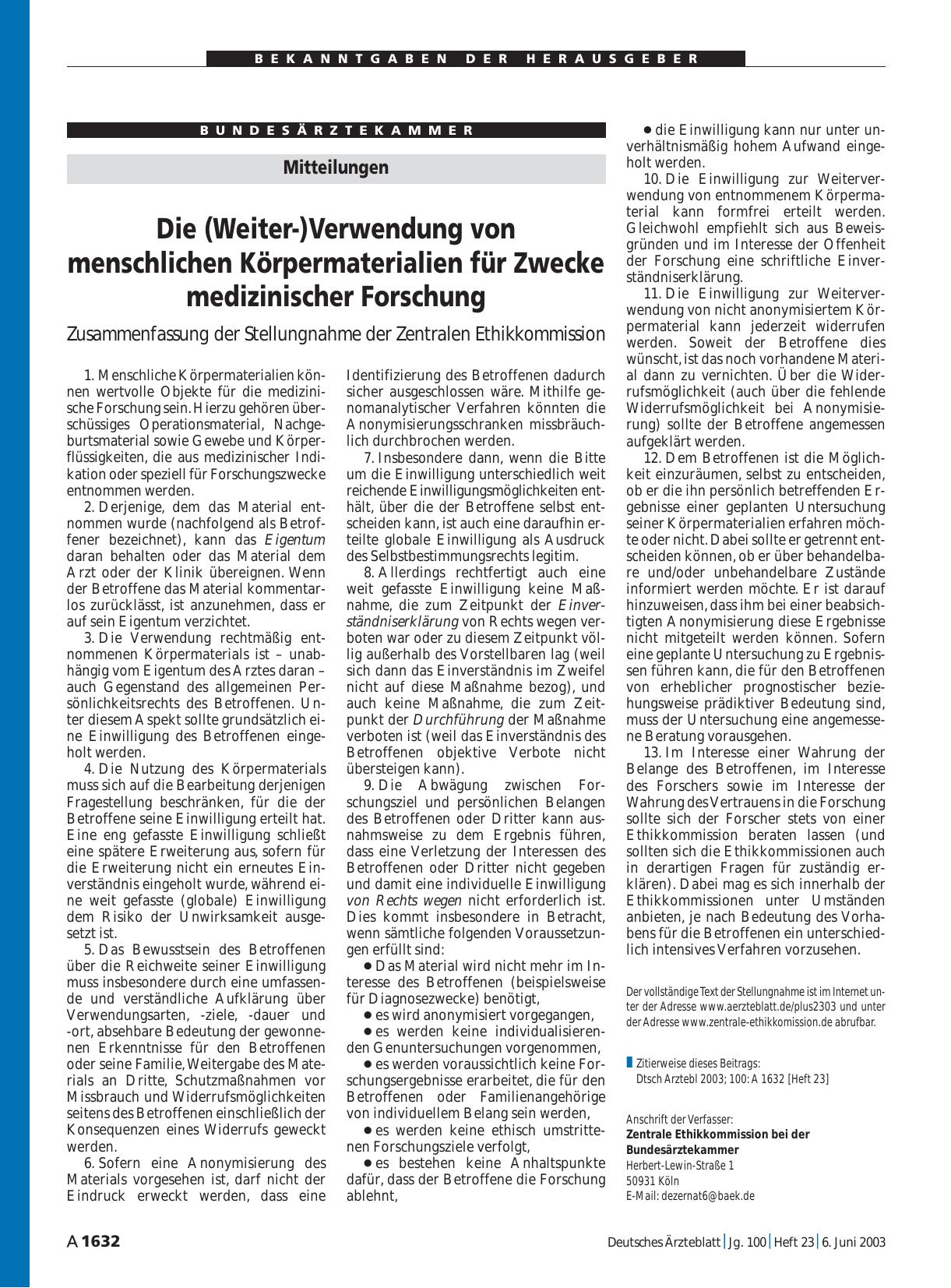 Vorschauseite 1: Mitteilungen: Die (Weiter-)Verwendung von menschlichen Körpermaterialien für Zwecke medizinischer Forschung