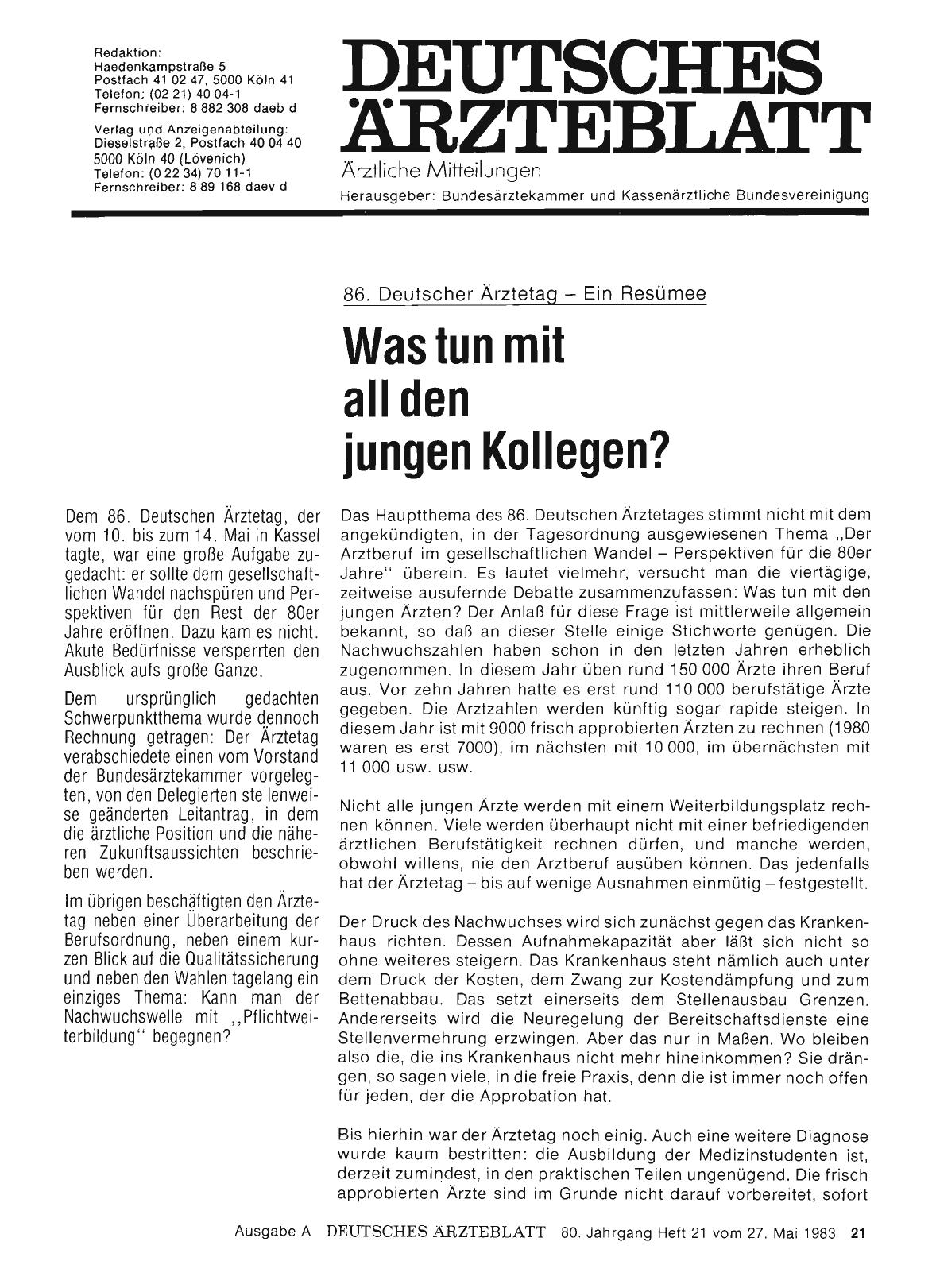 Vorschauseite 1: 86. Deutscher Ärztetag — Ein Resümee: Was tun mit all den jungen Kollegen?