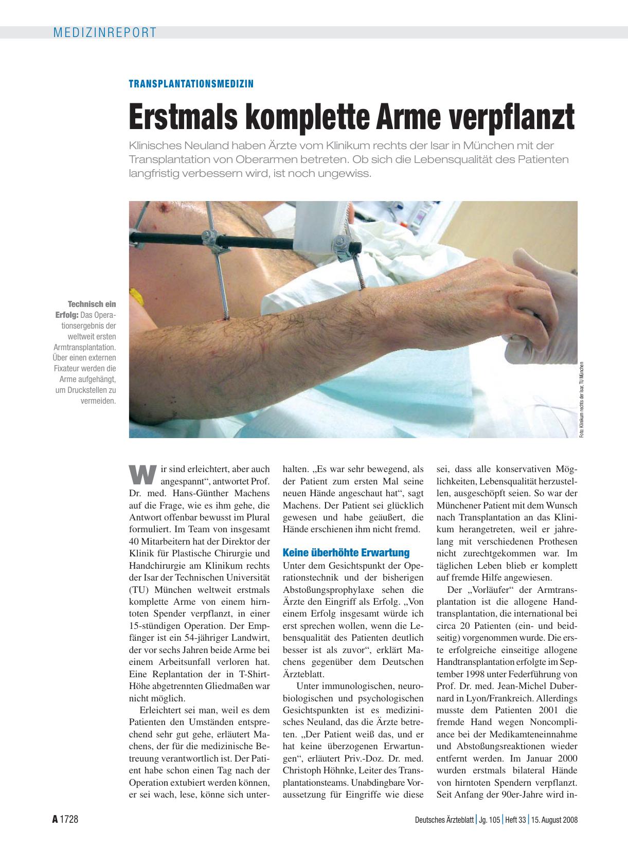 Vorschauseite 1: Transplantationsmedizin: Erstmals komplette Arme verpflanzt