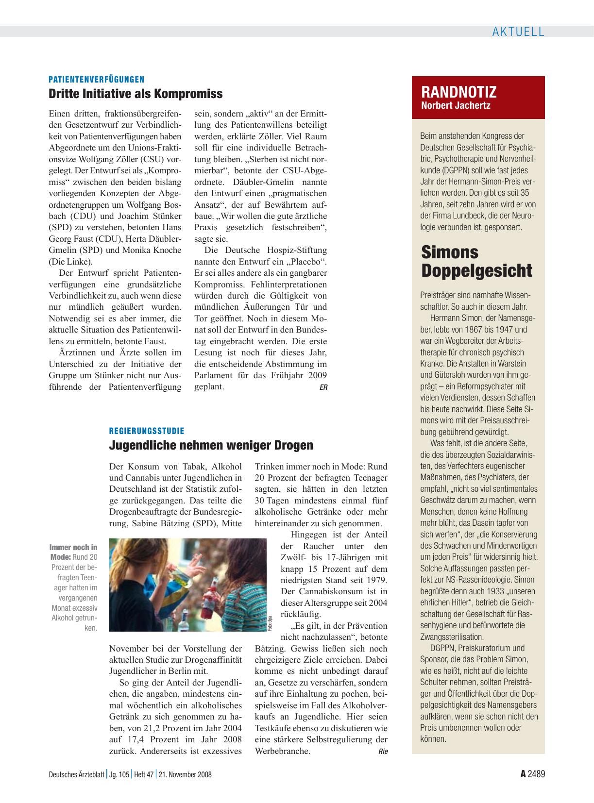 Vorschauseite 1: Regierungsstudie: Jugendliche nehmen weniger Drogen