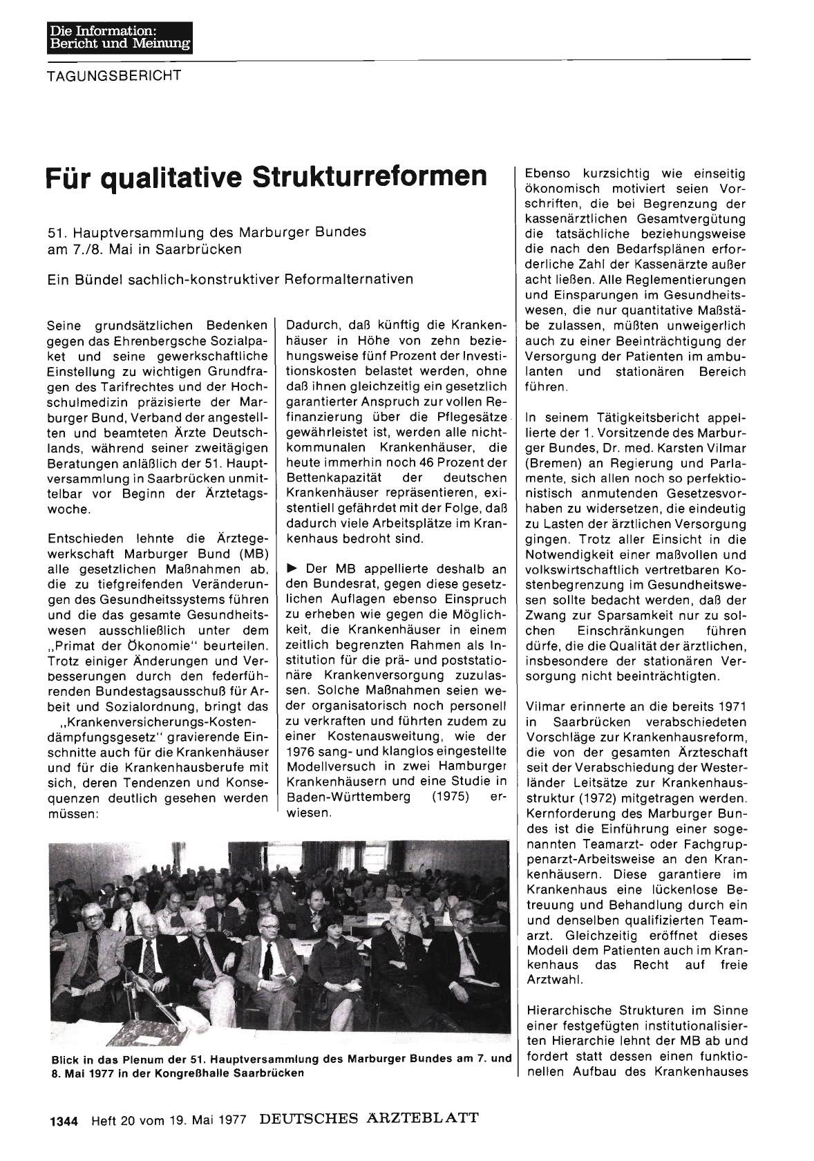 Vorschauseite 1: Für qualitative Strukturreformen: 51. Hauptversammlung des Marburger Bundes am 7. /8. Mai in Saarbrücken