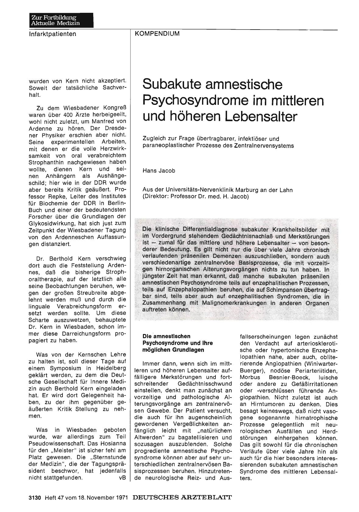 Vorschauseite 1: Subakute amnestische Psychosyndrome im mittleren und höheren Lebensalter