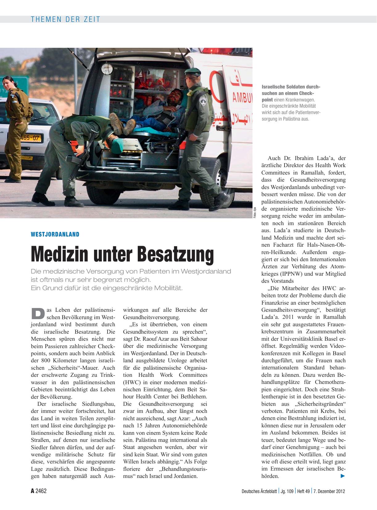 Vorschauseite 1: Westjordanland: Medizin unter Besatzung