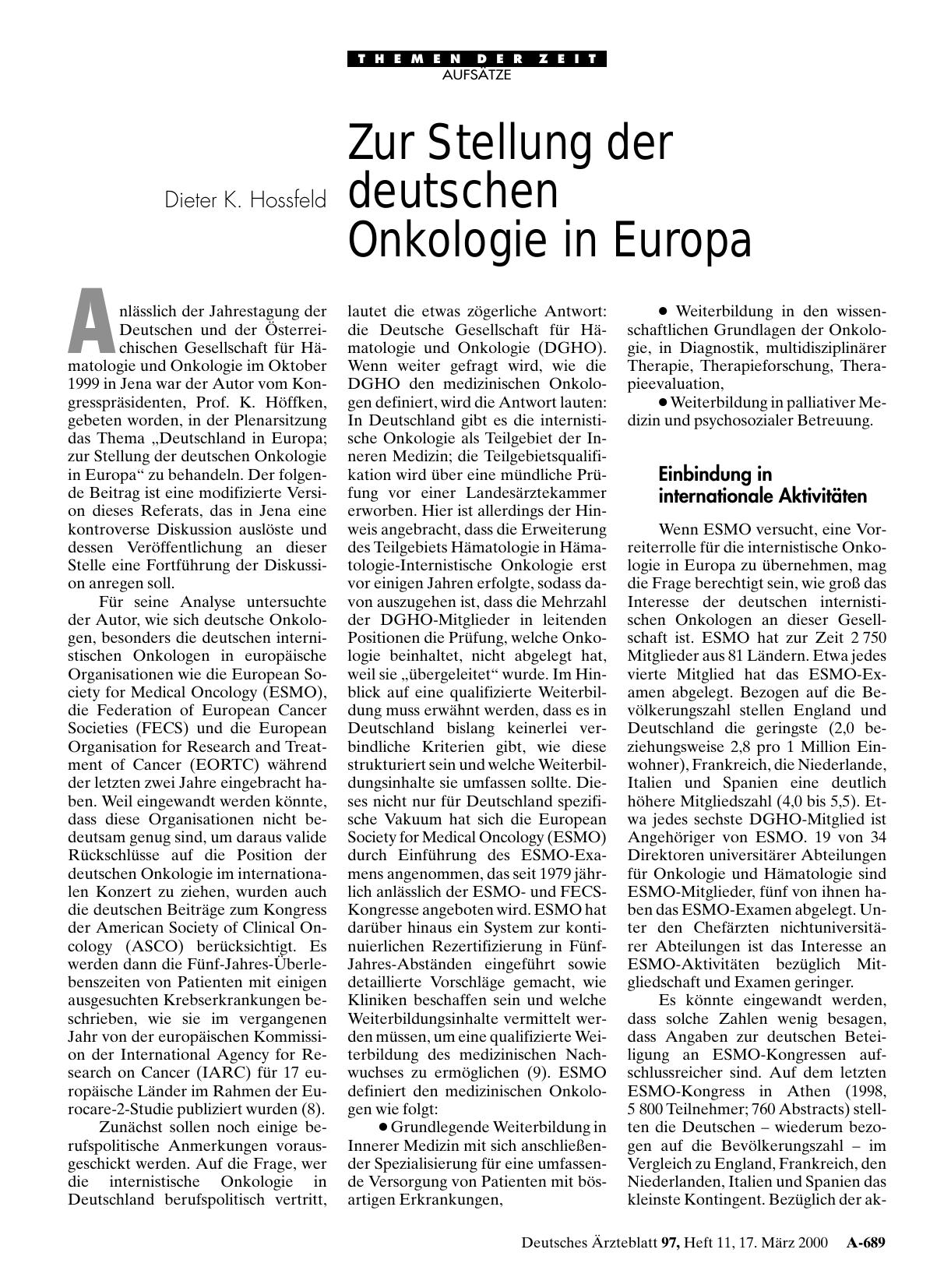 Vorschauseite 1: Zur Stellung der deutschen Onkologie in Europa