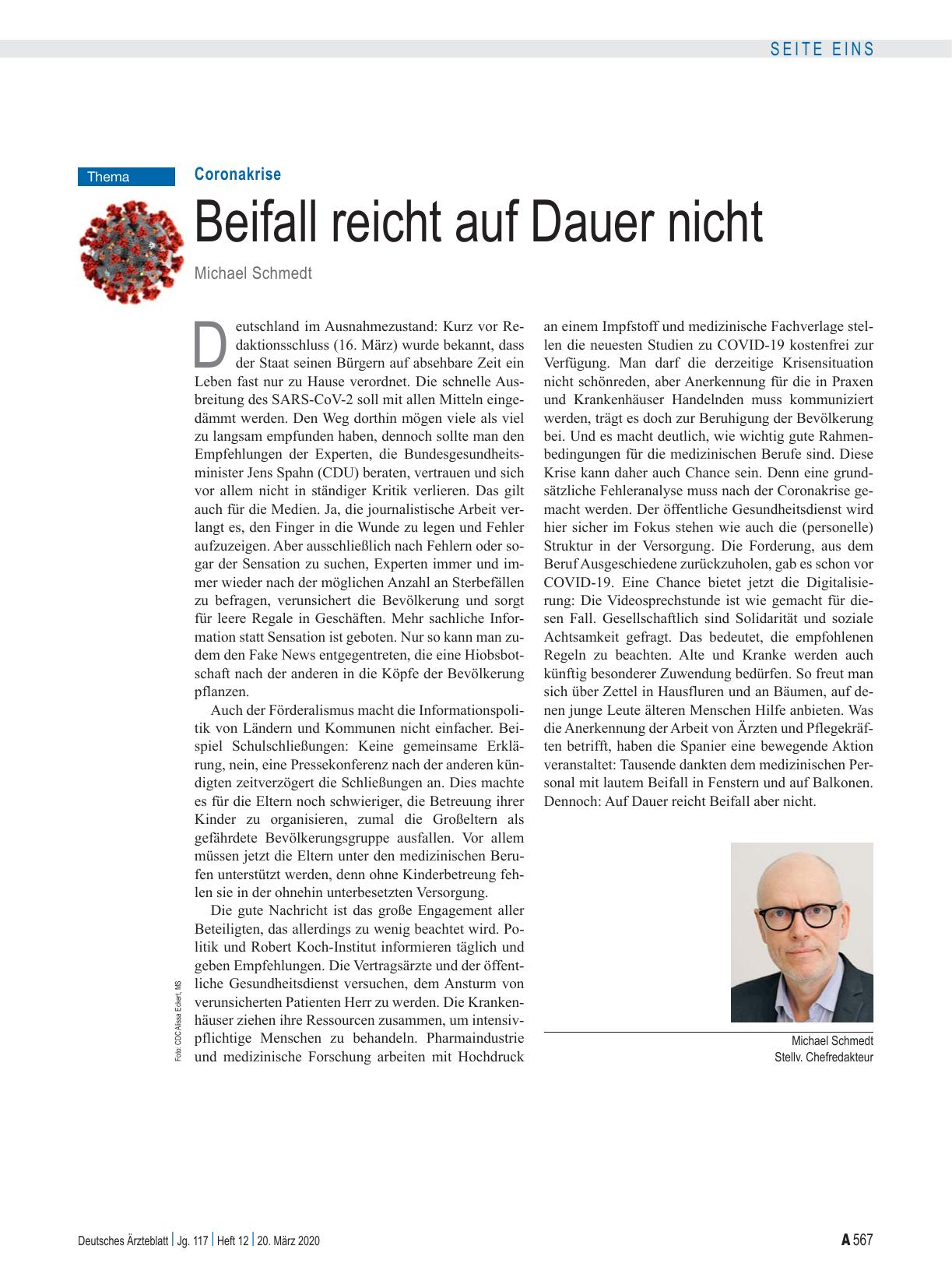 Vorschauseite 1: Coronakrise: Beifall reicht auf Dauer nicht