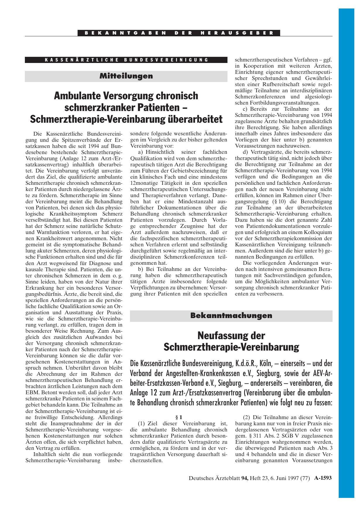 Vorschauseite 1: Bekanntmachungen: Neufassung der Schmerztherapie-Vereinbarung
