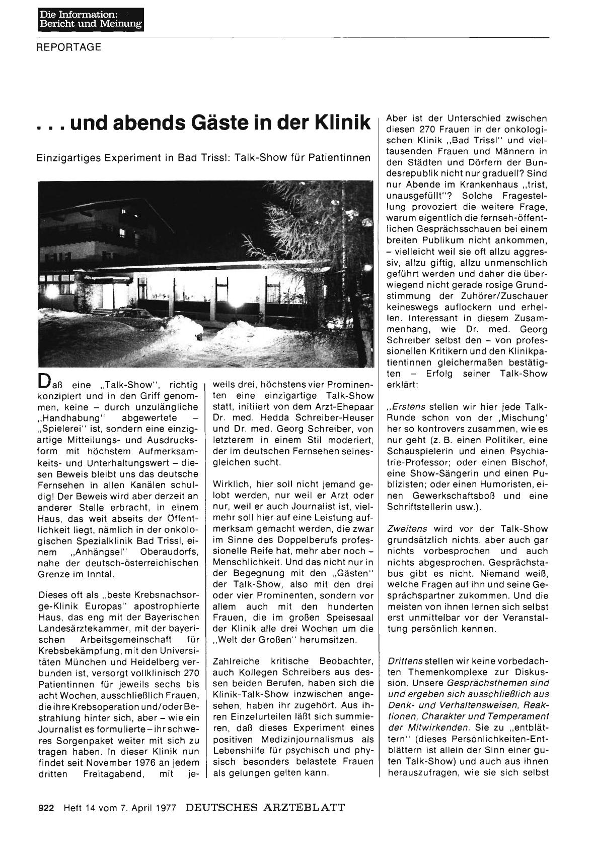 Vorschauseite 1: . .. und abends Gäste in der Klinik: Einzigartiges Experiment in Bad Trissl: Talk-Show für Patientinnen