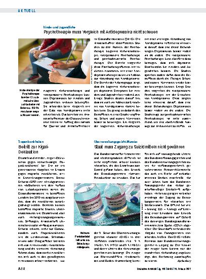 Vorschauseite 1: Kinder und Jugendliche: Psychotherapie muss Vergleich mit Antidepressiva nicht scheuen
