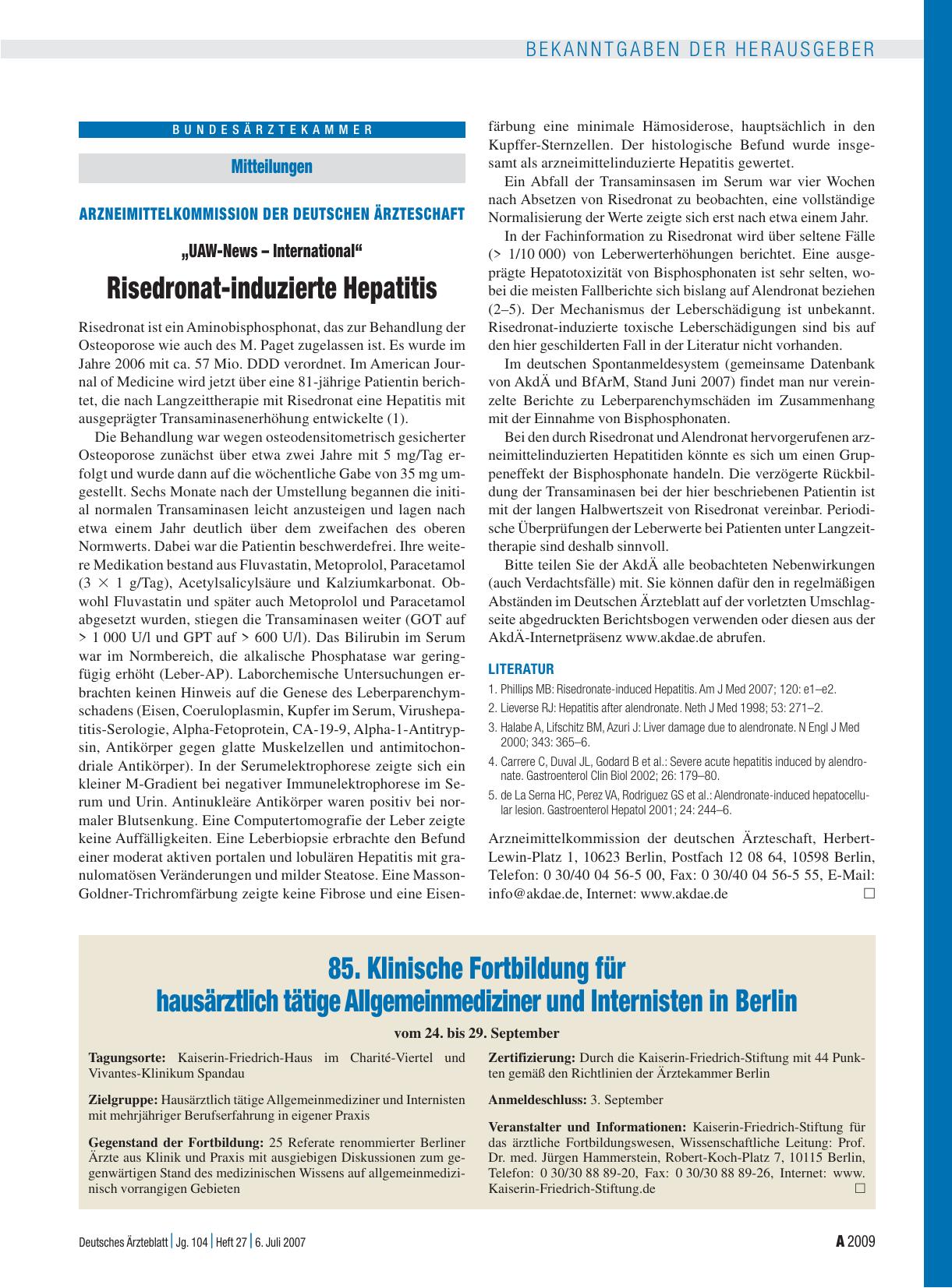 Vorschauseite 1: „UAW-News – International“: Risedronat-induzierte Hepatitis