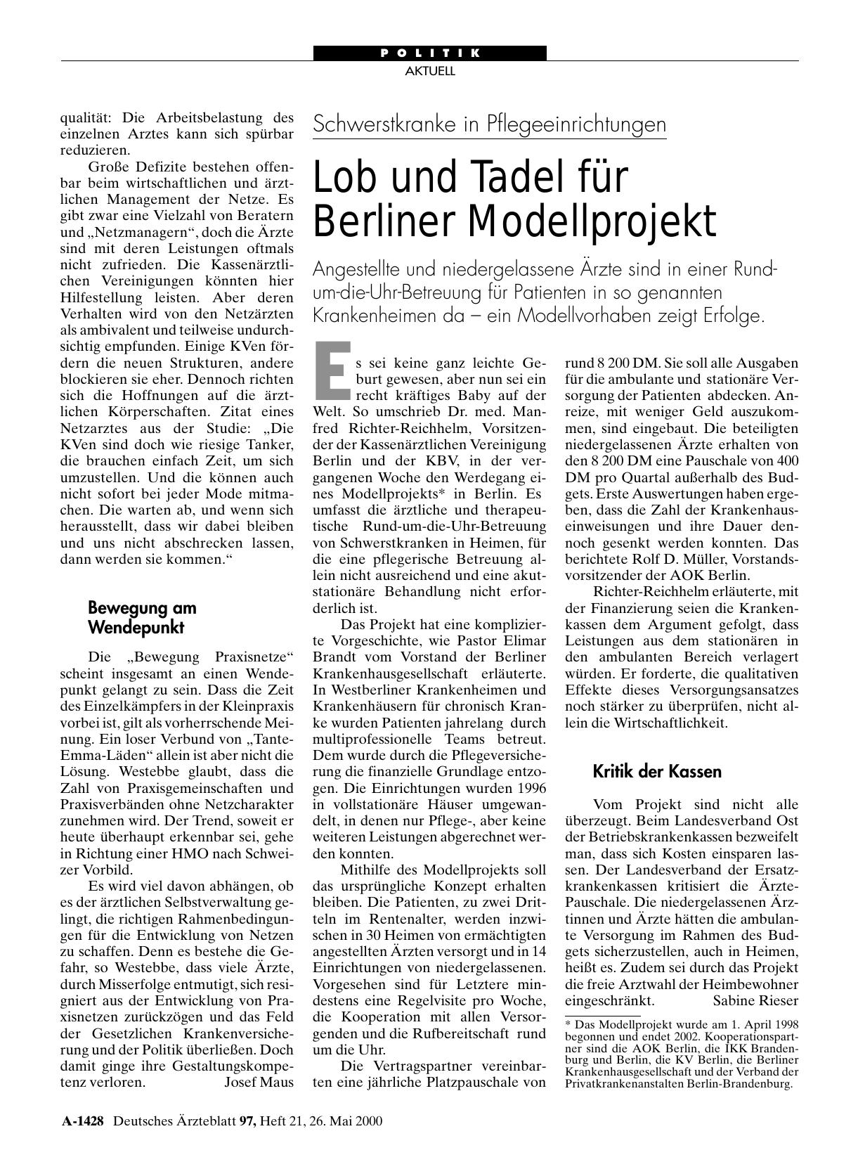 Vorschauseite 1: Schwerstkranke in Pflegeeinrichtungen: Lob und Tadel für Berliner Modellprojekt