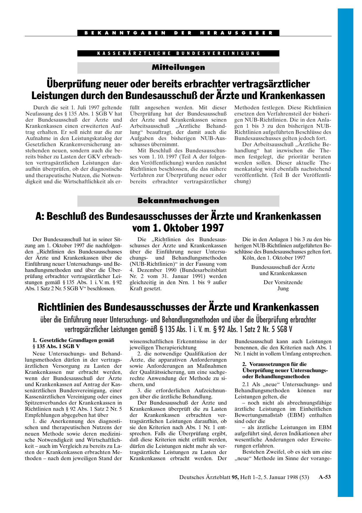 Vorschauseite 1: Überprüfung neuer oder bereits erbrachter vertragsärztlicher Leistungen durch den Bundesausschuß: der Ärzte und Krankenkassen