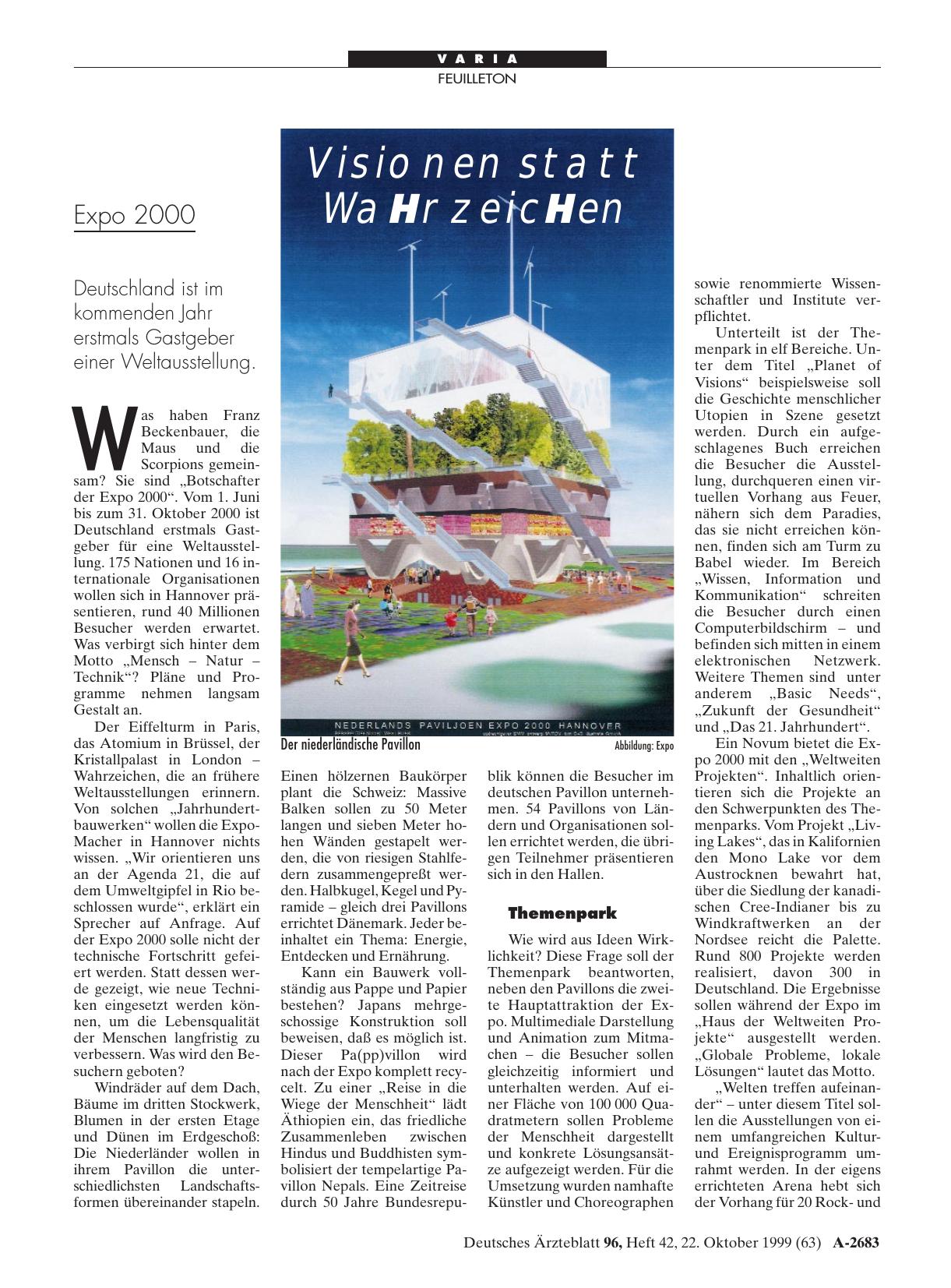Vorschauseite 1: Expo 2000: Deutschland ist im kommenden Jahr erstmals Gastgeber einer Weltausstellung