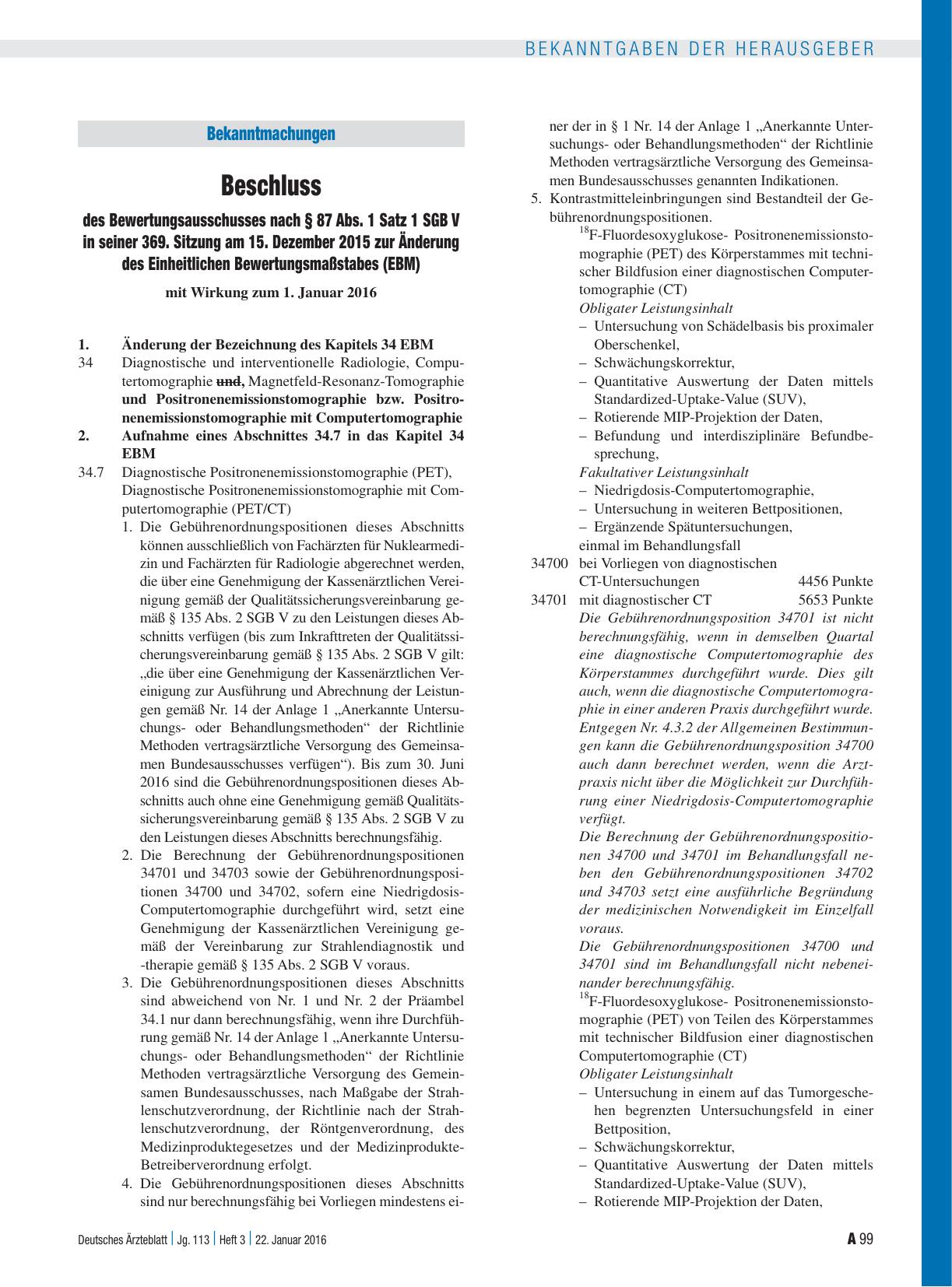 Vorschauseite 1: Beschluss des Bewertungsausschusses nach § 87 Abs. 1 Satz 1 SGB V in seiner 369. Sitzung am 15. Dezember 2015 zur Änderung des Einheitlichen Bewertungsmaßstabes (EBM)